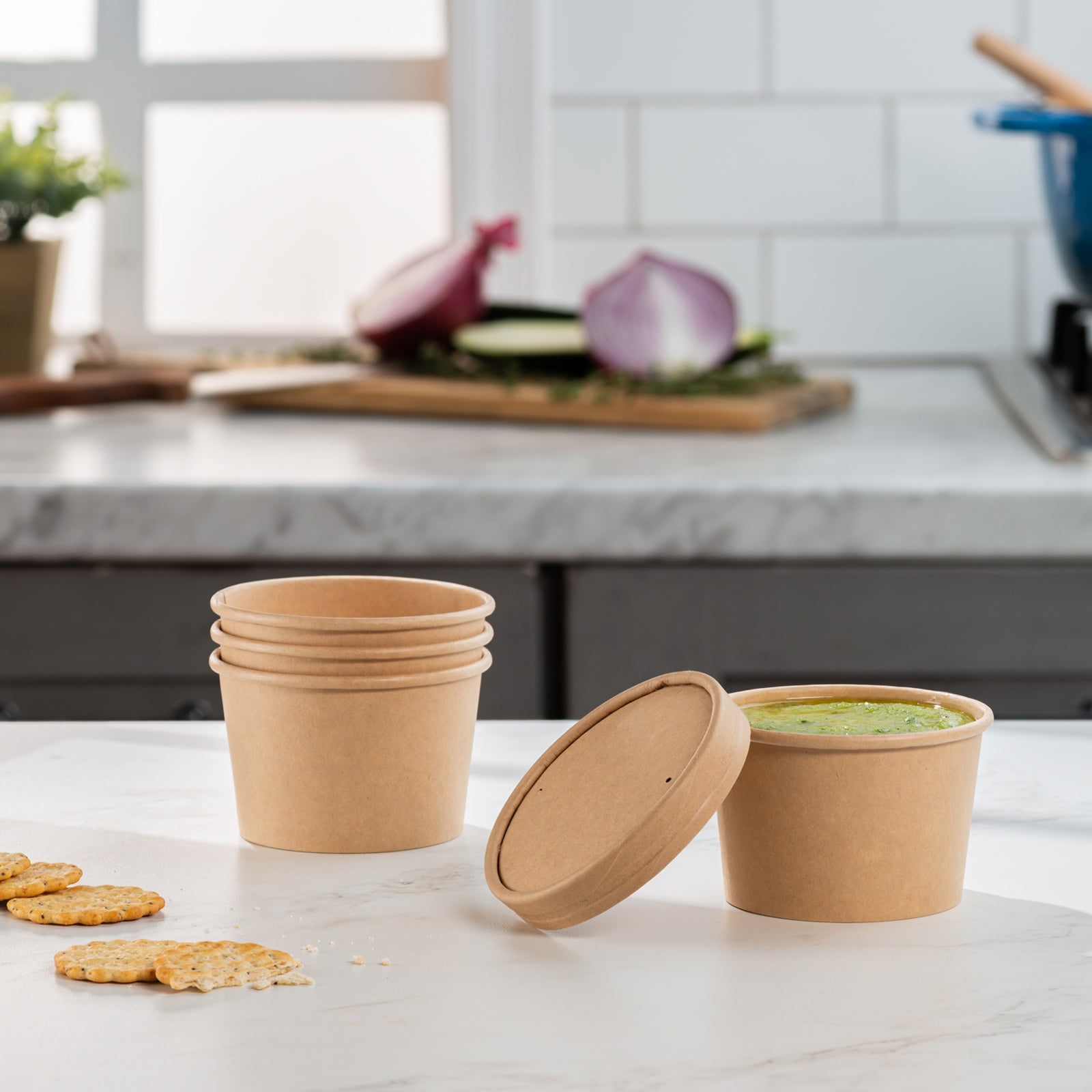 8 oz. Paper Food Containers With Vented Lids, To Go Hot Soup Bowls - Kraft - Comfy Package