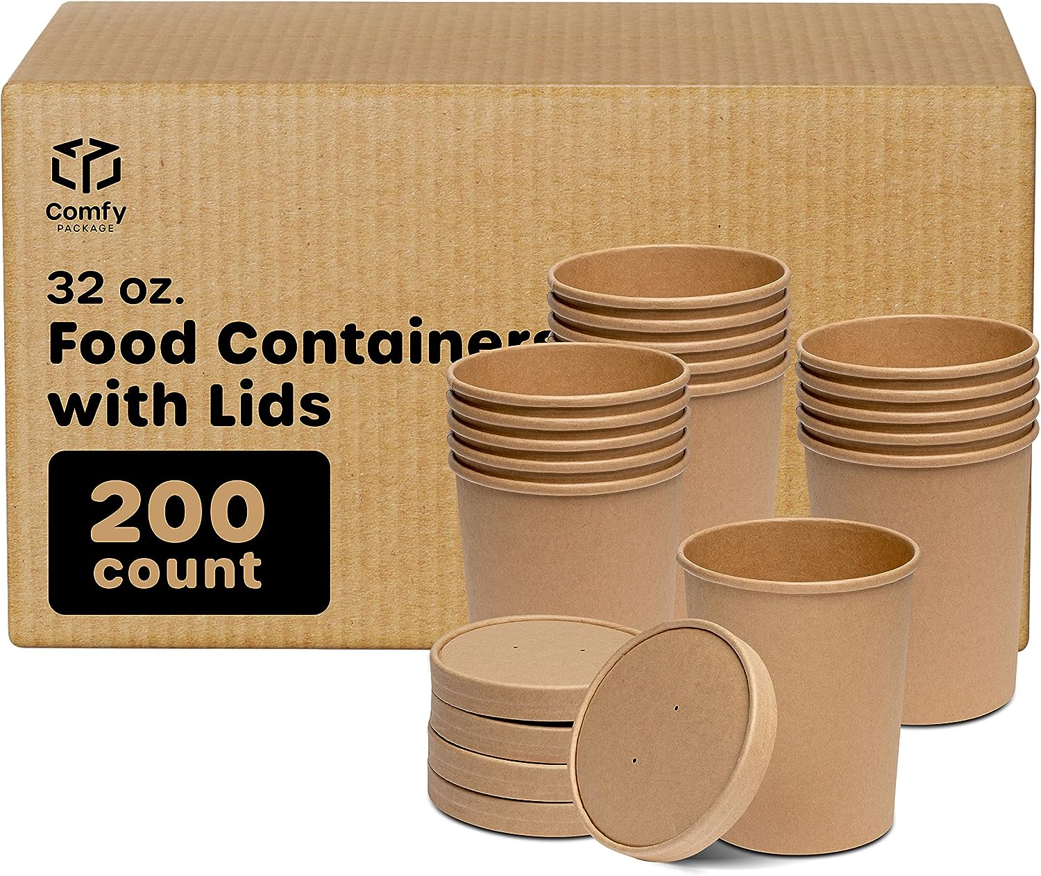 [Case of 200] 32 oz. Paper Food Containers With Vented Lids, To Go Hot Soup Bowls, Disposable Ice Cream Cups, Kraft