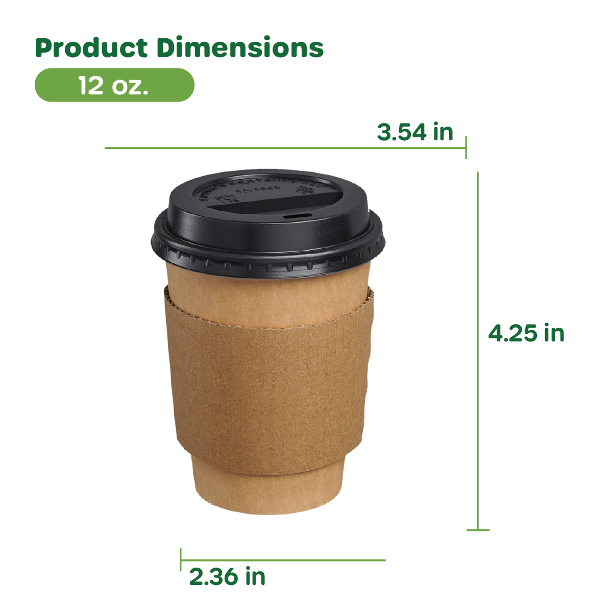 12 oz. Disposable Kraft Coffee Cups with Black Lids, Sleeves - To Go Paper Hot Cups