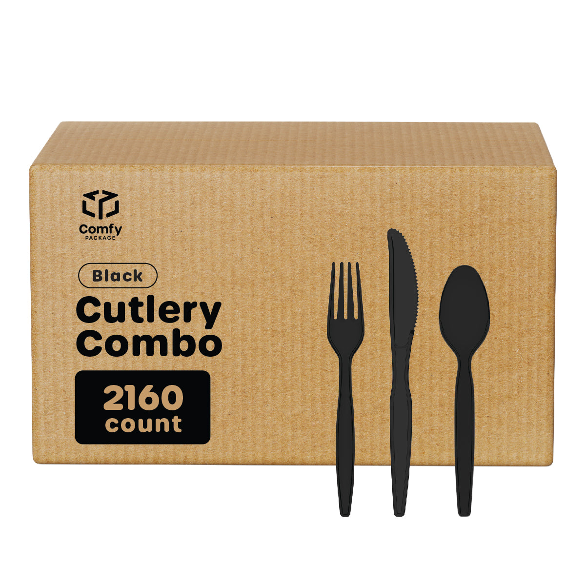 [Case of 2160] Premium Heavyweight Disposable Black Plastic Silverware - 1080 Forks, 720 Spoons and 360 Knives Cutlery