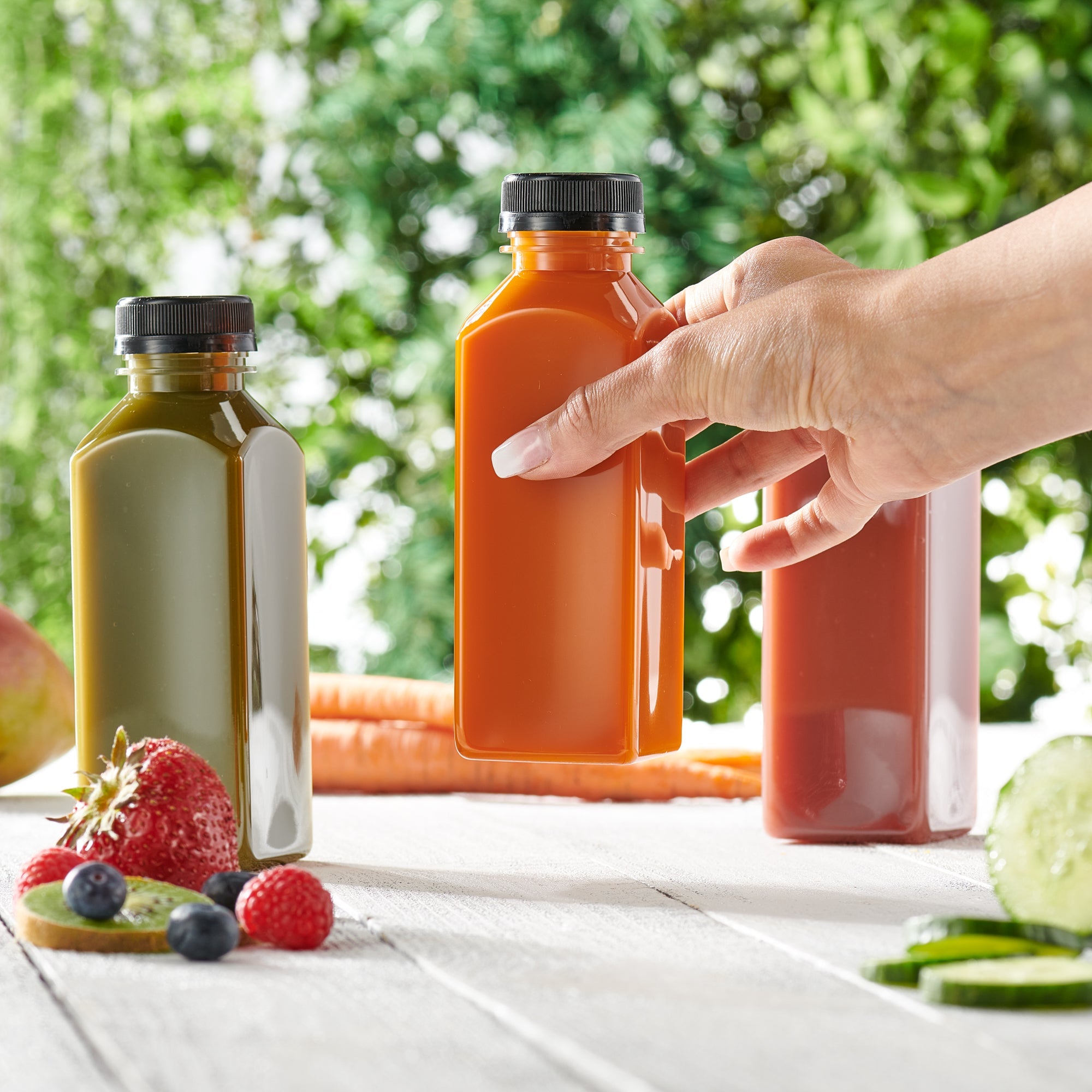 12 oz. Reusable Plastic Juice Bottles With Caps, Labels, Brush, and Silicone Funnel - Comfy Package