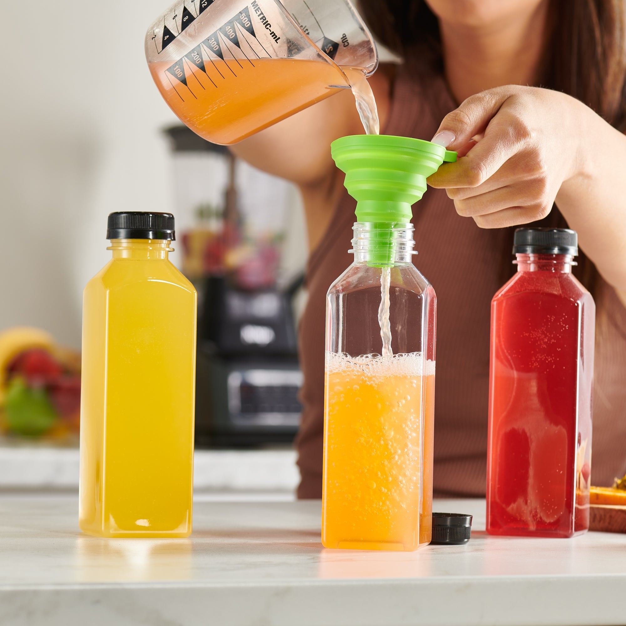 16 oz. Reusable Plastic Juice Bottles With Caps, Labels, Brush, and Silicone Funnel - Comfy Package