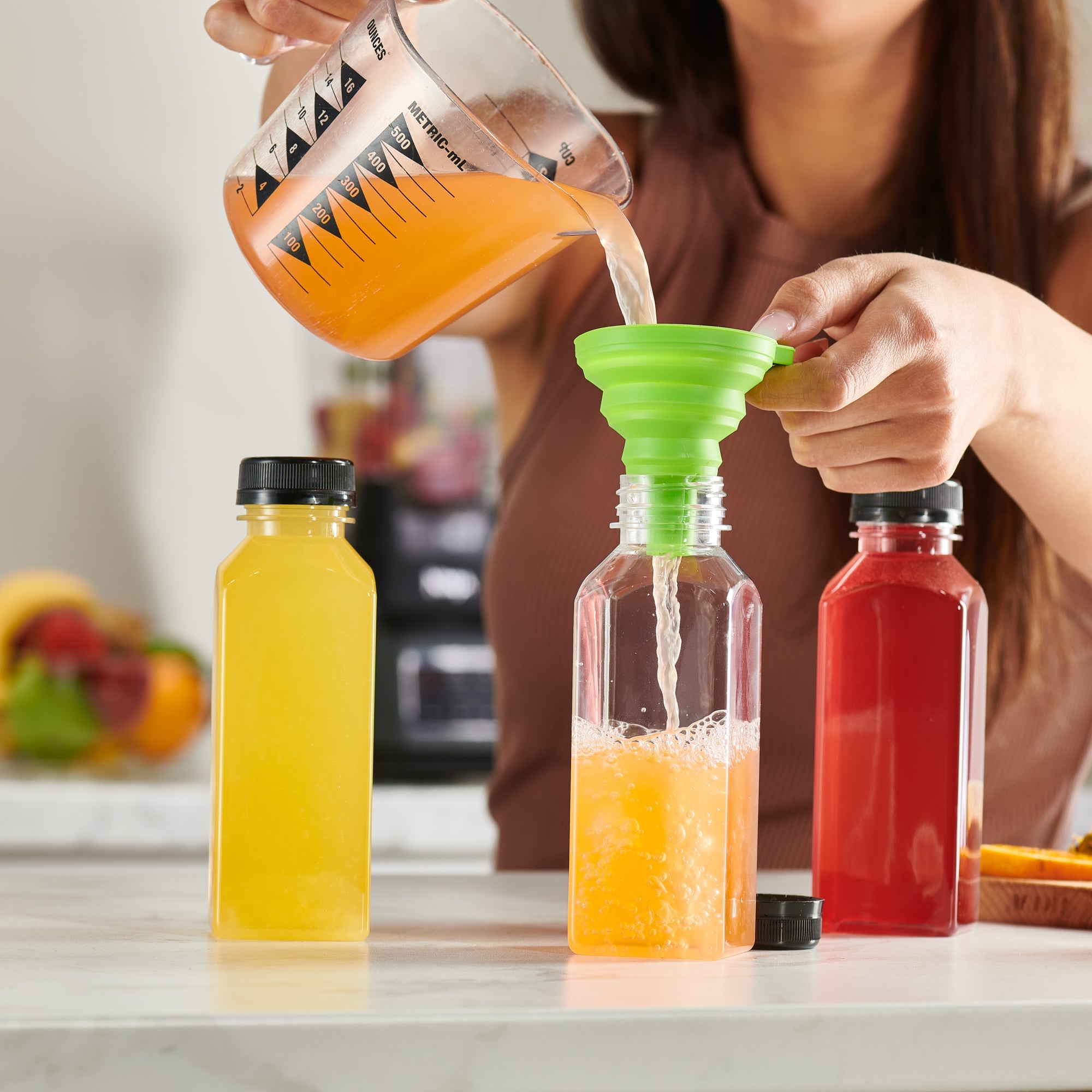 12 oz. Reusable Plastic Juice Bottles With Caps, Labels, Brush, and Silicone Funnel - Comfy Package