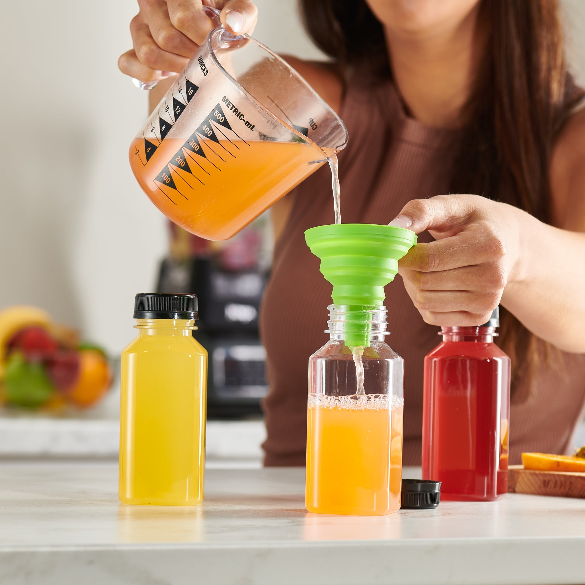 8 oz. Reusable Plastic Juice Bottles With Caps, Labels, Brush, and Silicone Funnel - Comfy Package