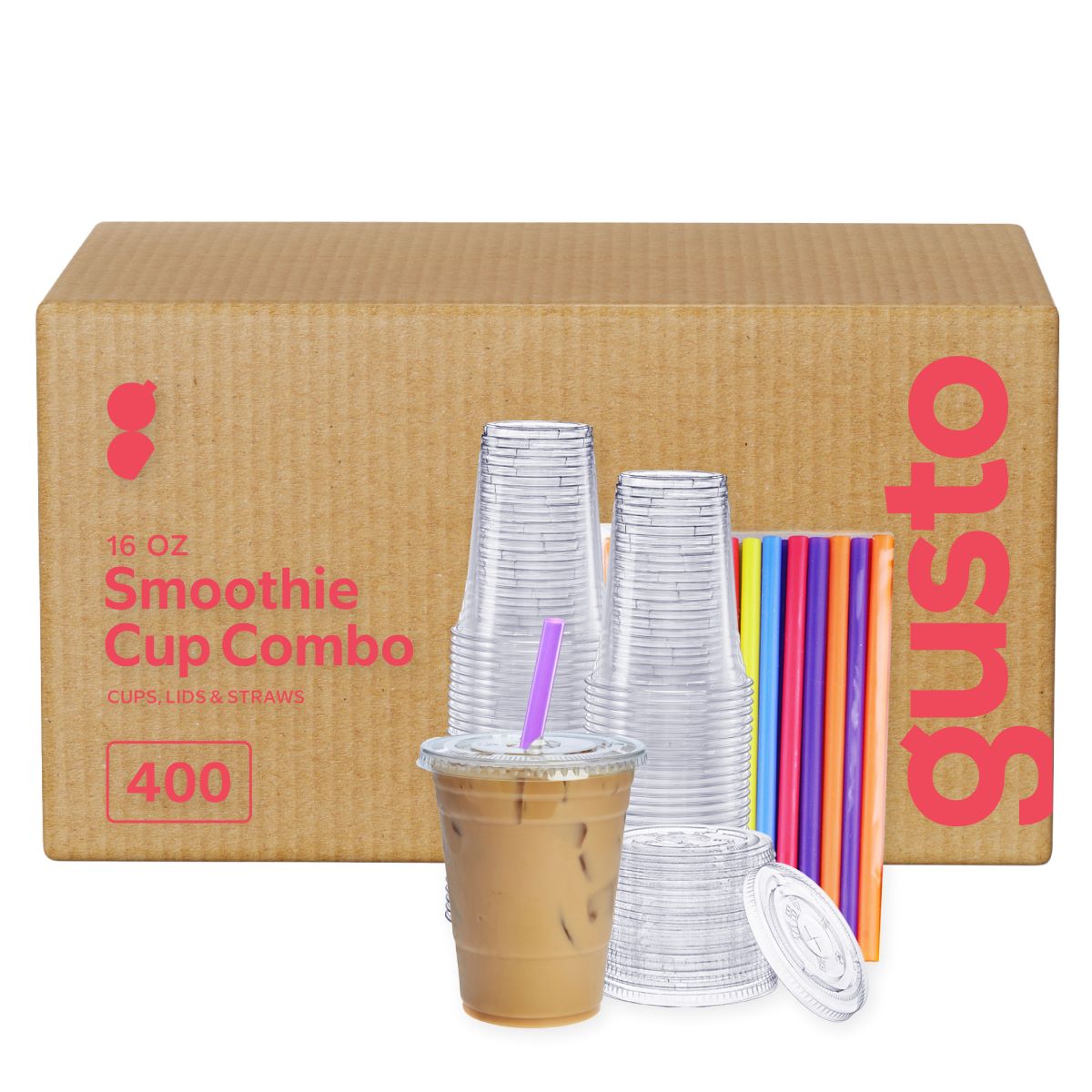 [Case of 400] 16 oz. Crystal Clear Plastic Cups With Flat Lids & Colored Straws - Disposable Clear Drinking Cups For Iced Coffee, Cold Drinks, Milkshakes, and Smoothies