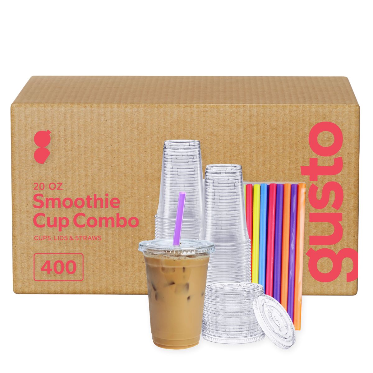 [Case of 400] 20 oz. Crystal Clear Plastic Cups With Flat Lids & Colored Straws - Disposable Clear Drinking Cups For Iced Coffee, Cold Drinks, Milkshakes, and Smoothies