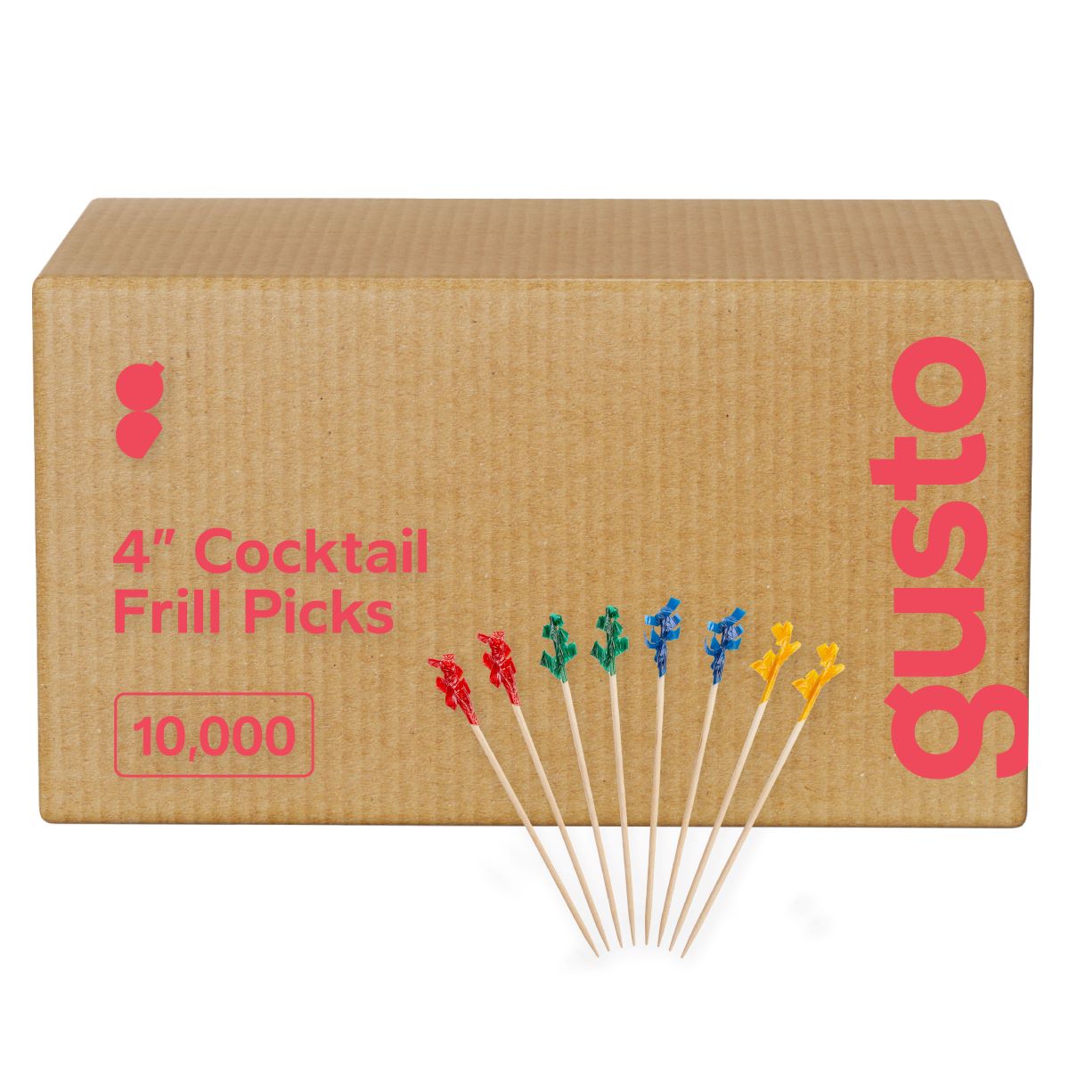 [Case of 10,000] Cocktail Picks & Food Toothpicks - 4 Inch Wooden Pick Skewers for Drinks, Appetizers, & Sandwiches - Fancy Assorted Colored Frills