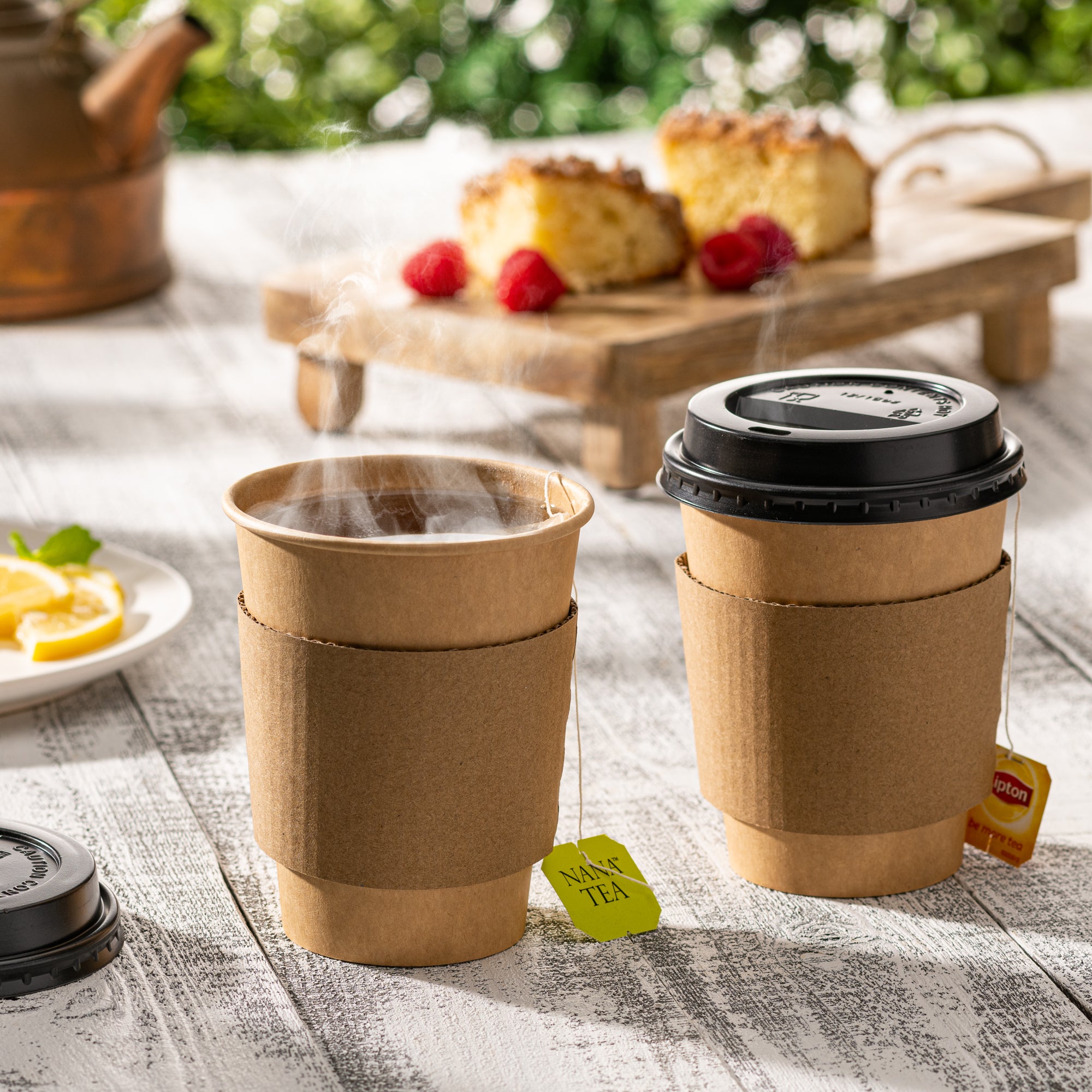 12 oz. Disposable Kraft Coffee Cups with Black Lids, Sleeves - To Go Paper Hot Cups