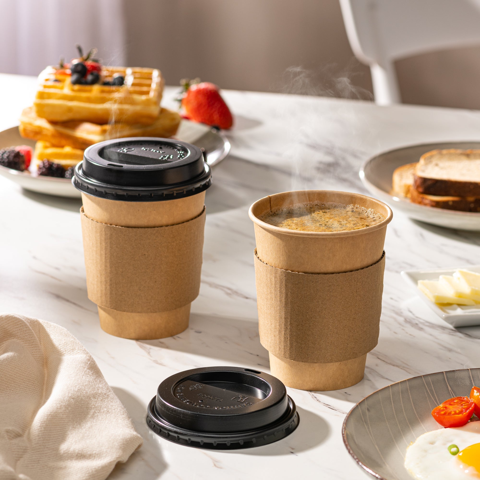 12 oz. Disposable Kraft Coffee Cups with Black Lids, Sleeves - To Go Paper Hot Cups - Comfy Package