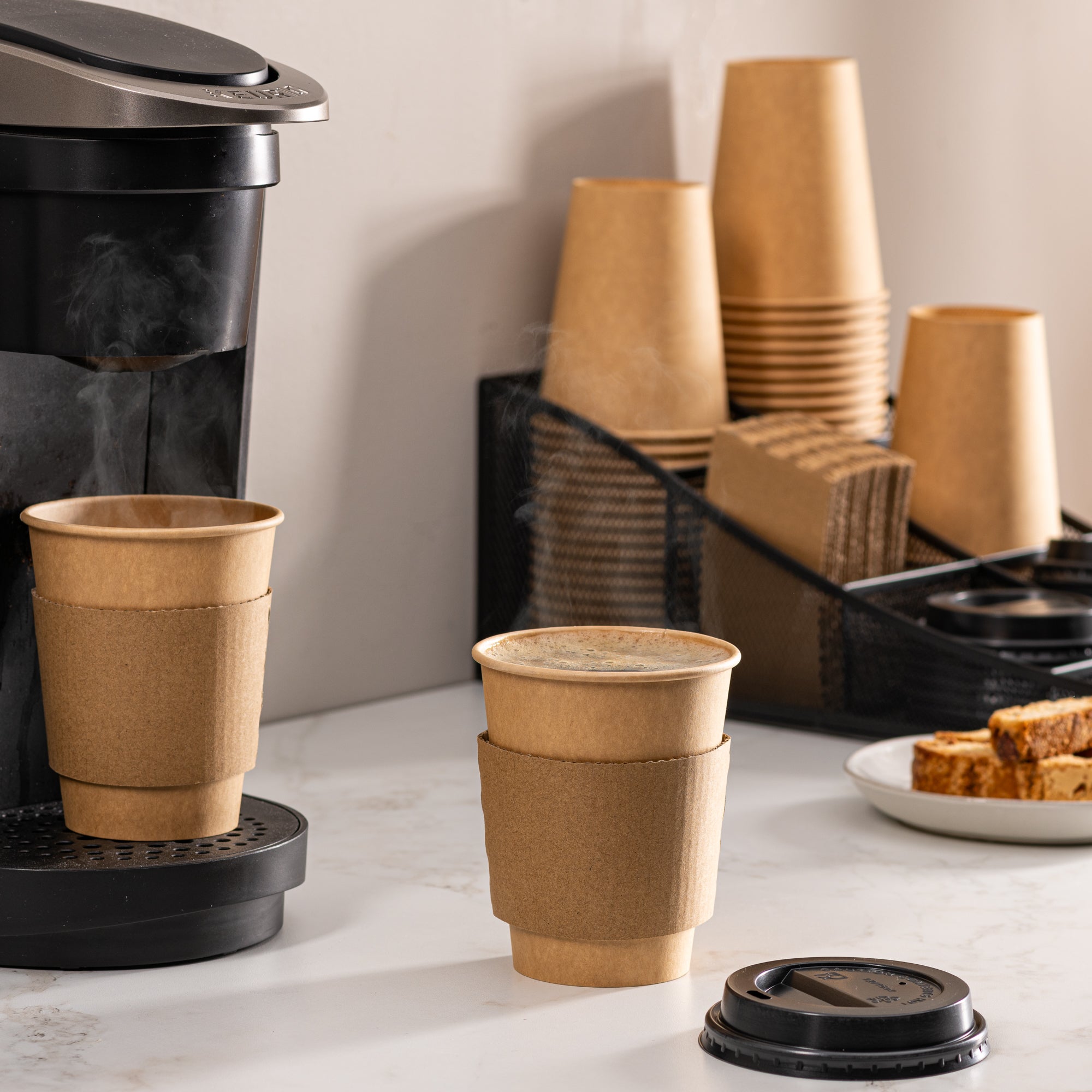 12 oz. Disposable Kraft Coffee Cups with Black Lids, Sleeves - To Go Paper Hot Cups - Comfy Package