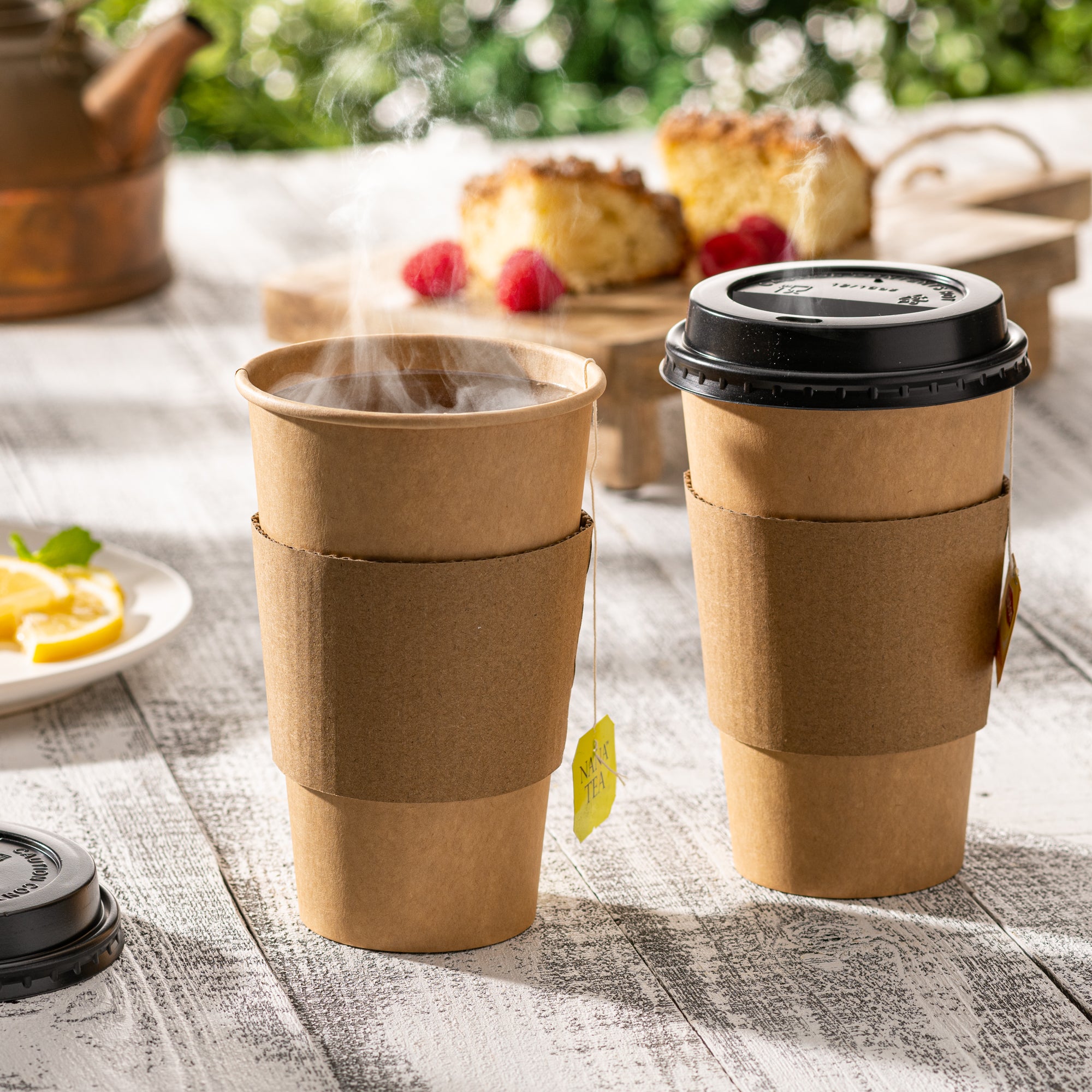 16 oz. Disposable Kraft Coffee Cups with Black Lids, Sleeves - To Go Paper Hot Cups