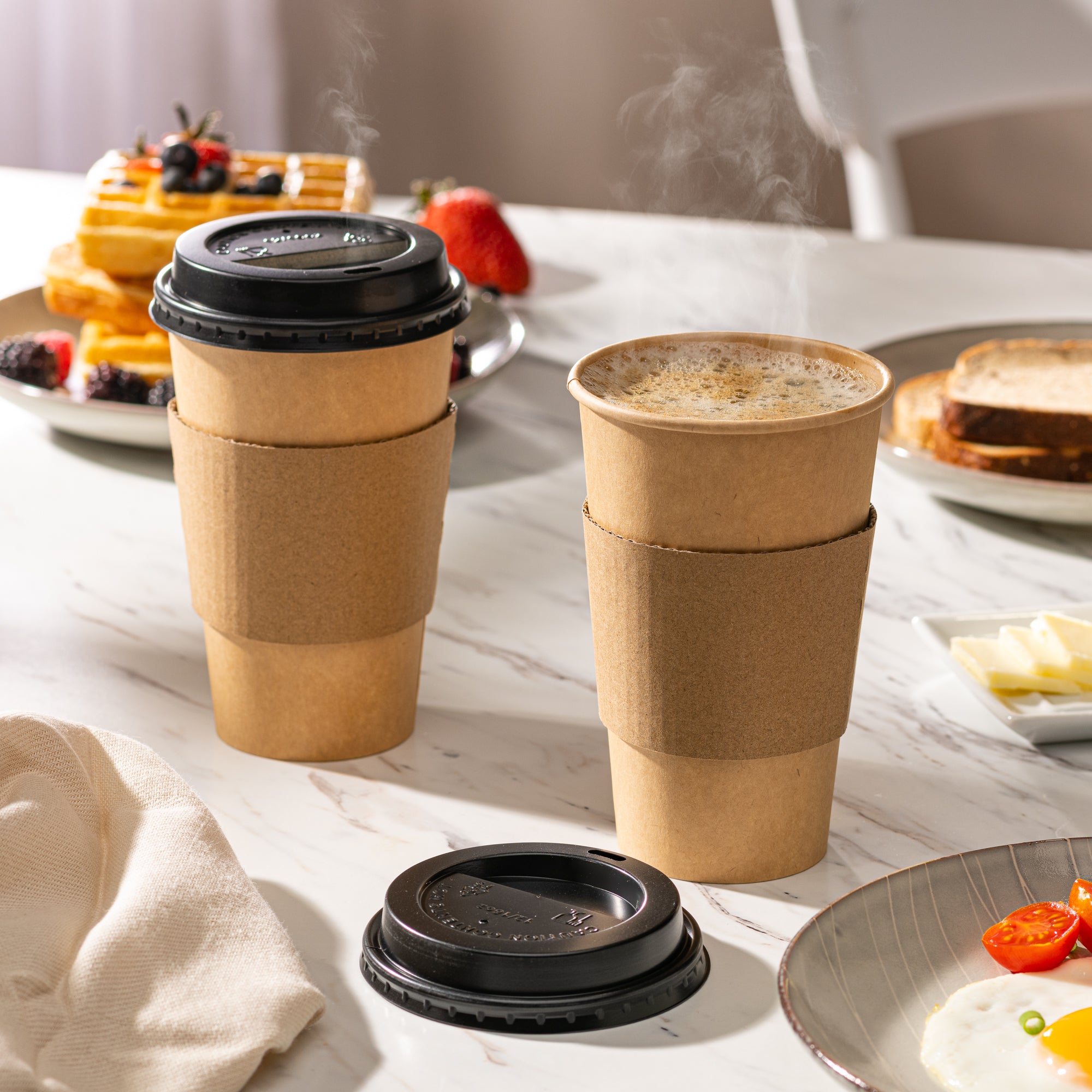 16 oz. Disposable Kraft Coffee Cups with Black Lids, Sleeves - To Go Paper Hot Cups