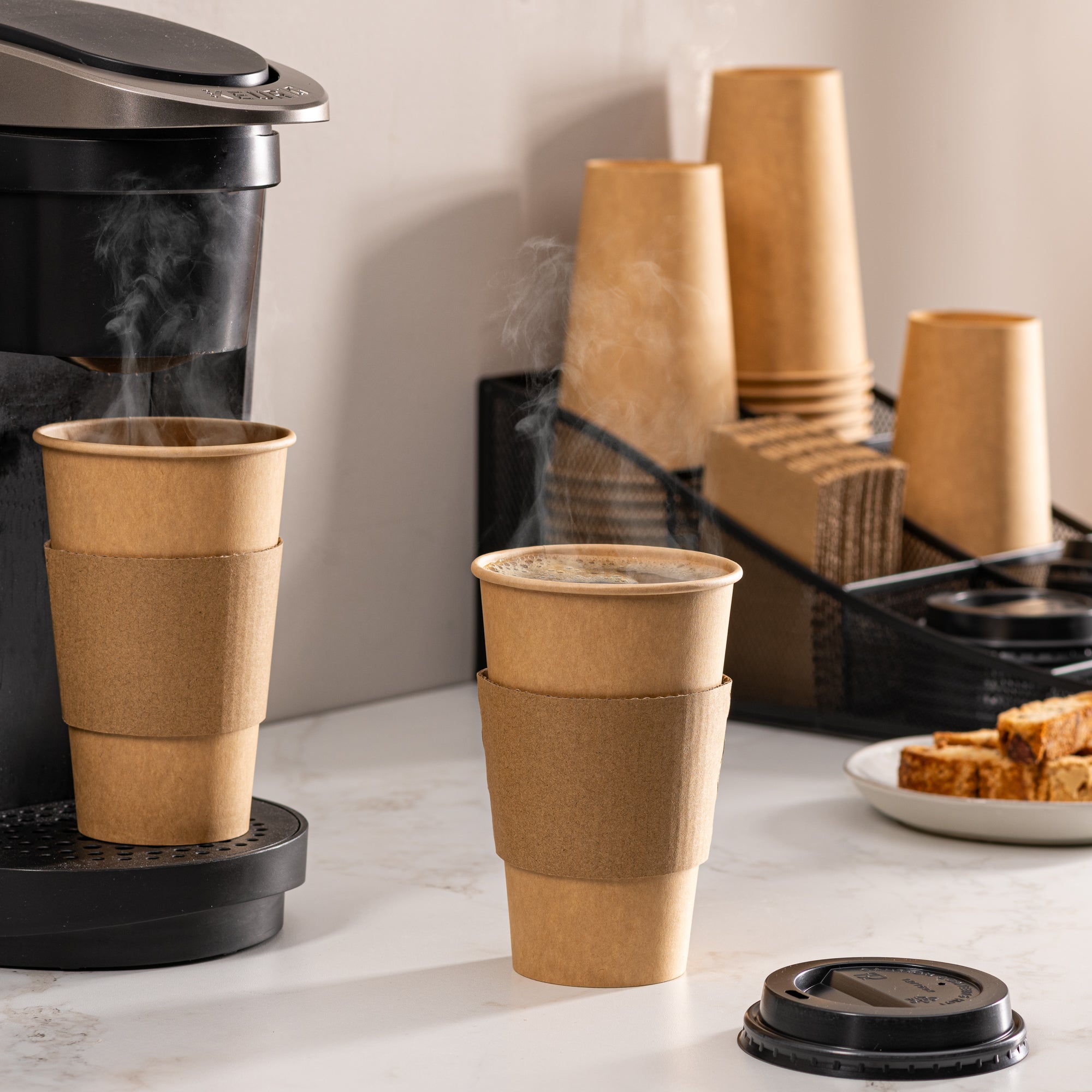 [Case of 300] 16 oz. Disposable Kraft Coffee Cups with Black Lids, Sleeves - To Go Paper Hot Cups