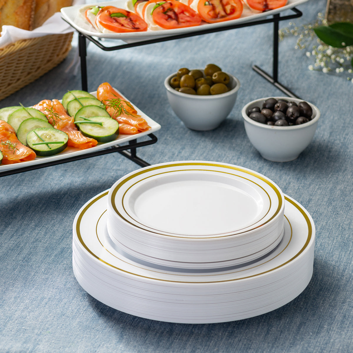 [Case of 240] Combo Gold Trim Plastic Plates - Premium Heavy-Duty Disposable 10.25" Dinner Party Plates and Disposable 7.5" Salad Plates