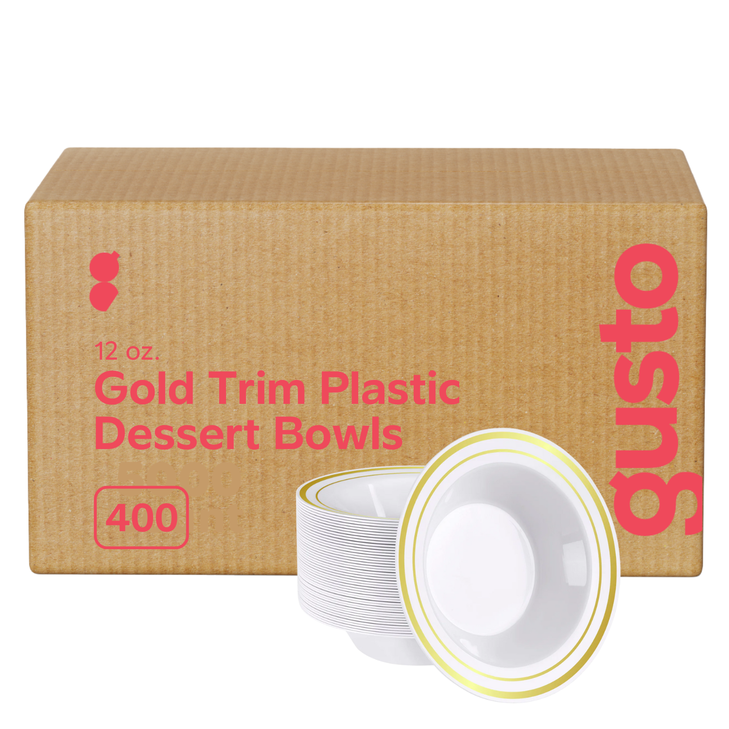 [Case of 400] 12 oz. Gold Trim Plastic Dessert Bowls - Premium Heavy-Duty Disposable Soup and Cereal Bowls