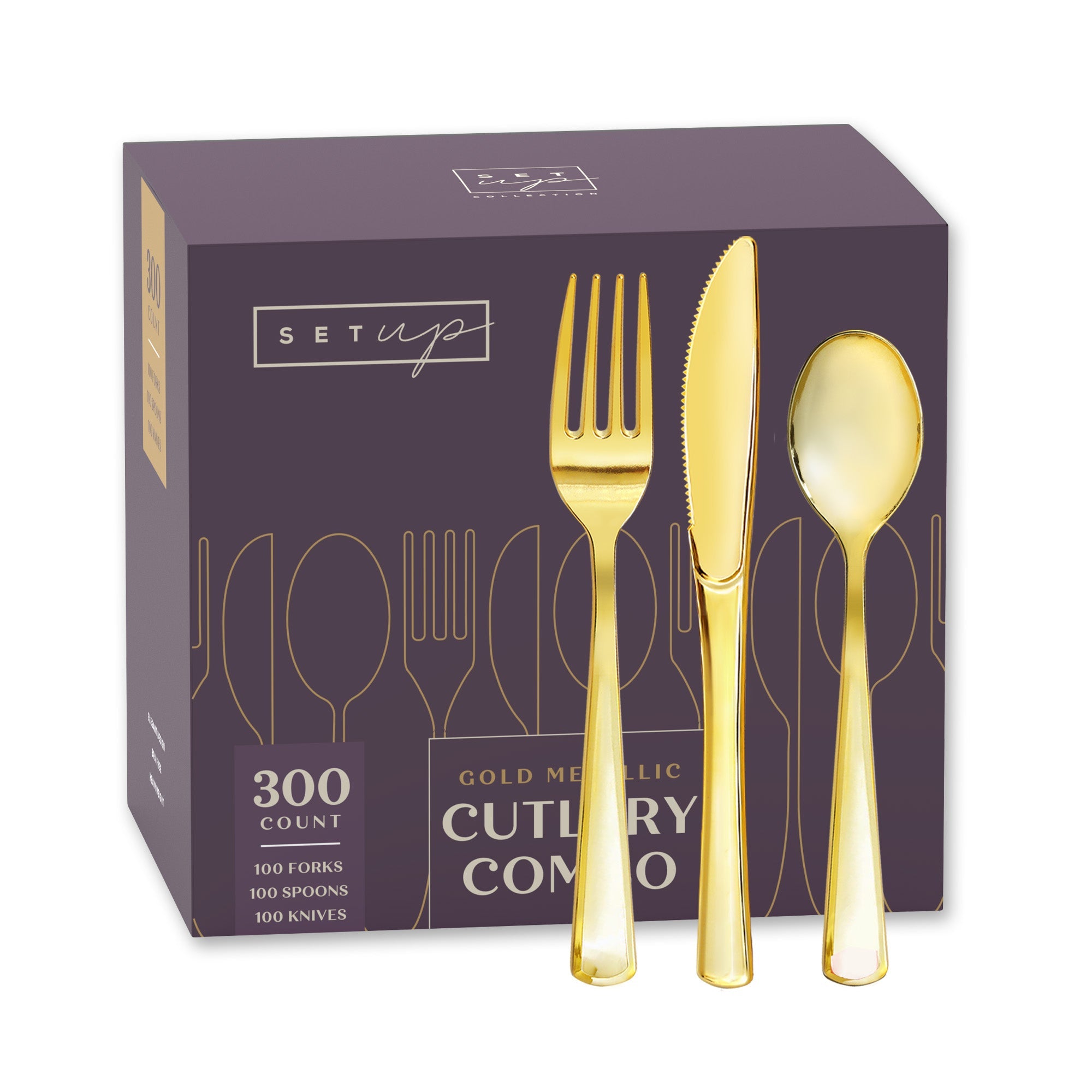 300ct Elegant Cutlery Combo Forks Spoons Knives - Gold - Comfy Package