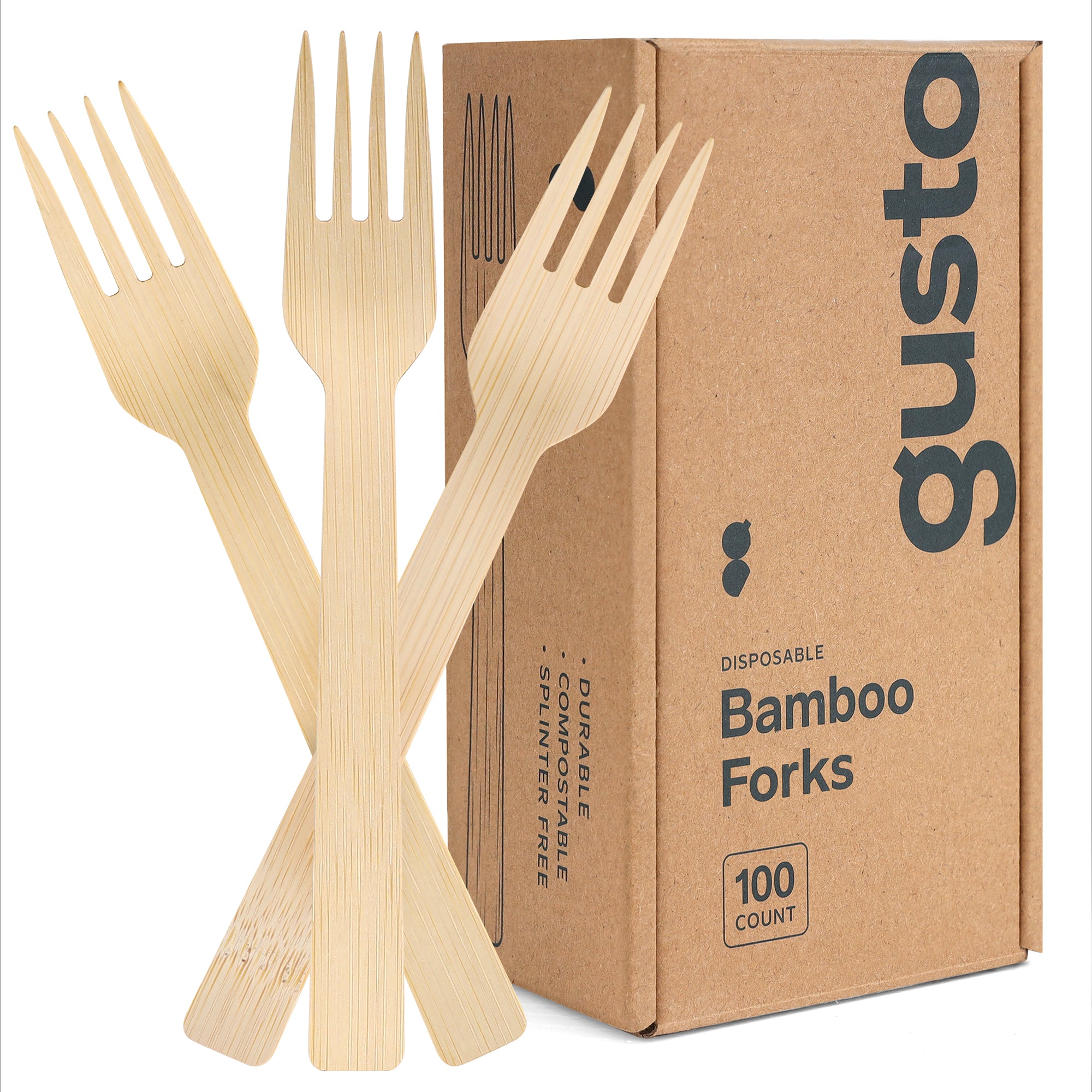 GUSTO [100 Count] Natural Bamboo Disposable Forks - Biodegradable and Eco-Friendly Utensils for Outdoors, Parties, and Events