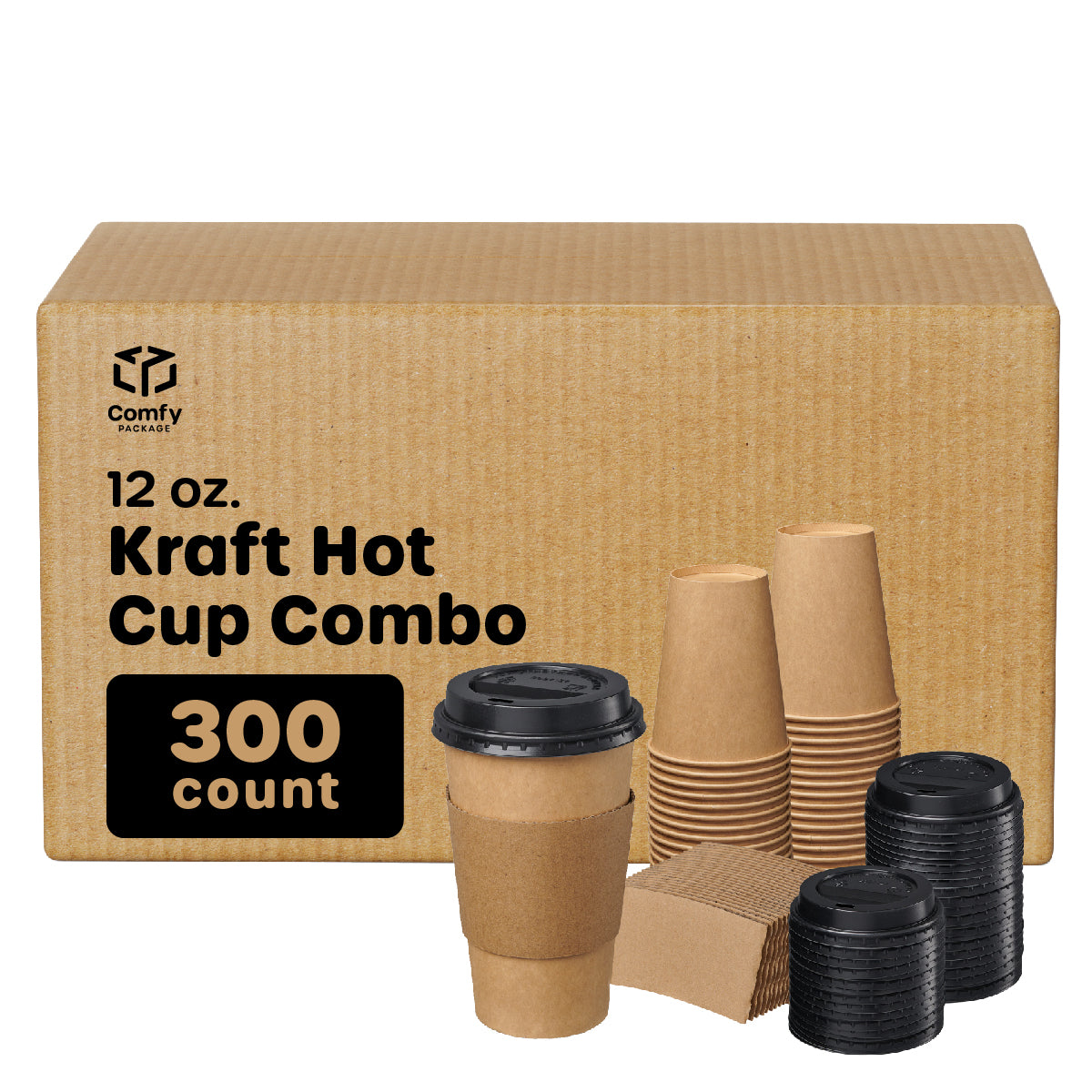 [Case of 300] 12 oz. Disposable Kraft Coffee Cups with Black Lids, Sleeves - To Go Paper Hot Cups