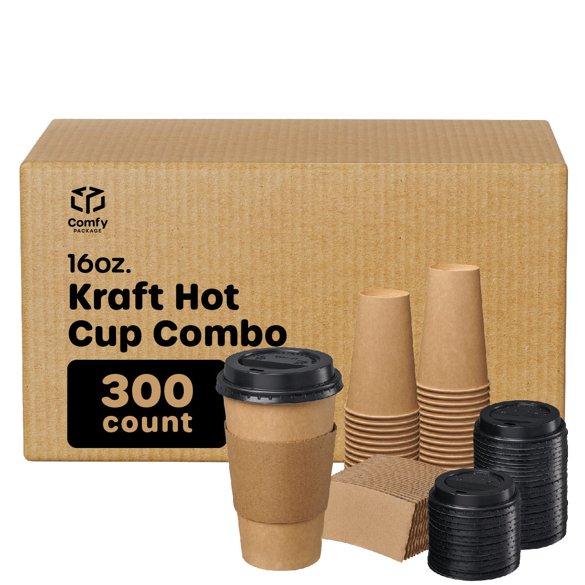 [Case of 300] 16 oz. Disposable Kraft Coffee Cups with Black Lids, Sleeves - To Go Paper Hot Cups