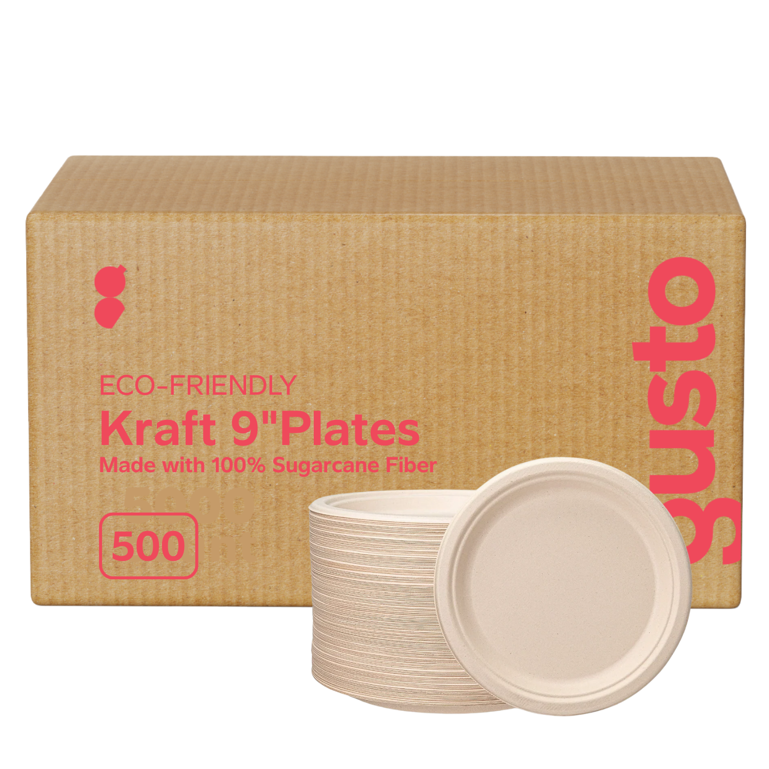 [Case of 500] 100% Compostable 9 Inch Heavy-Duty Plates Eco-Friendly Disposable Sugarcane Paper Plates - Brown Unbleached