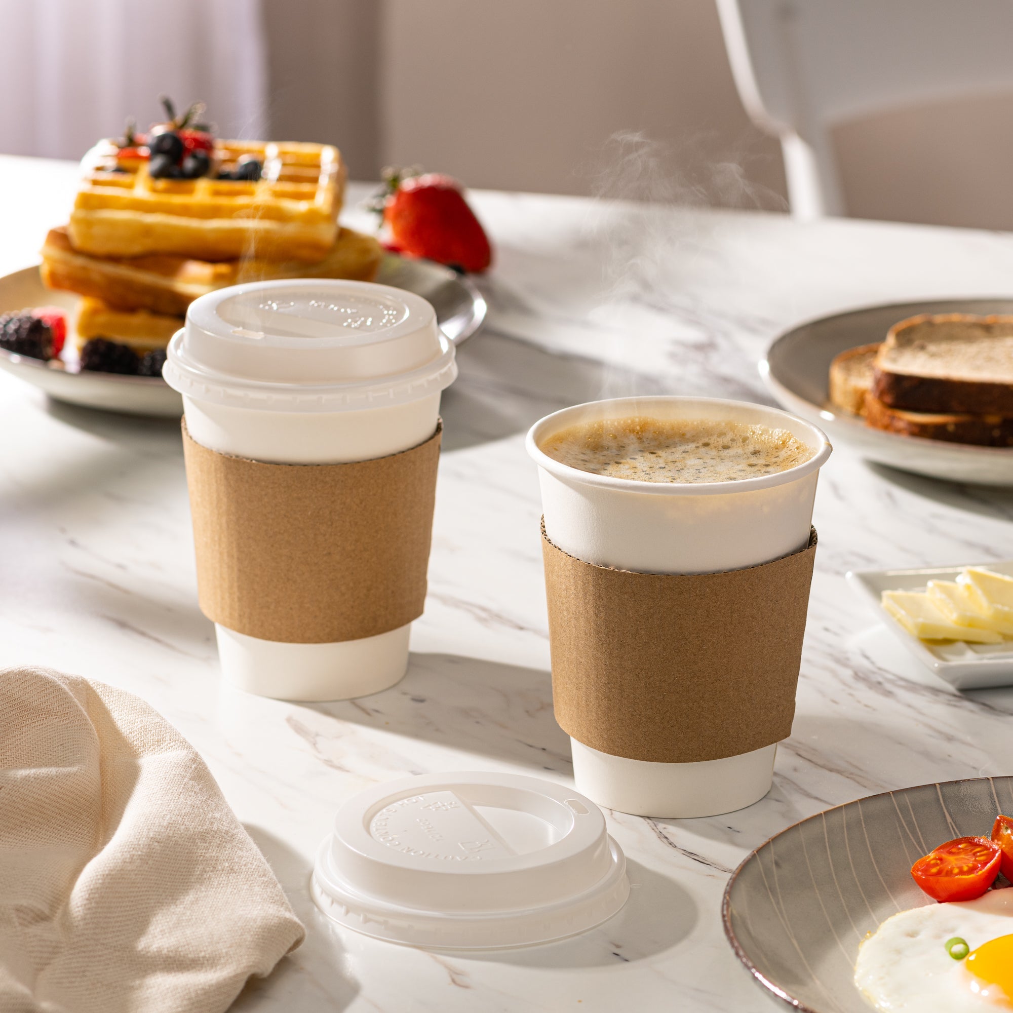 12 oz. Disposable White Coffee Cups with White Lids, Sleeves - To Go Paper Hot Cups - Comfy Package