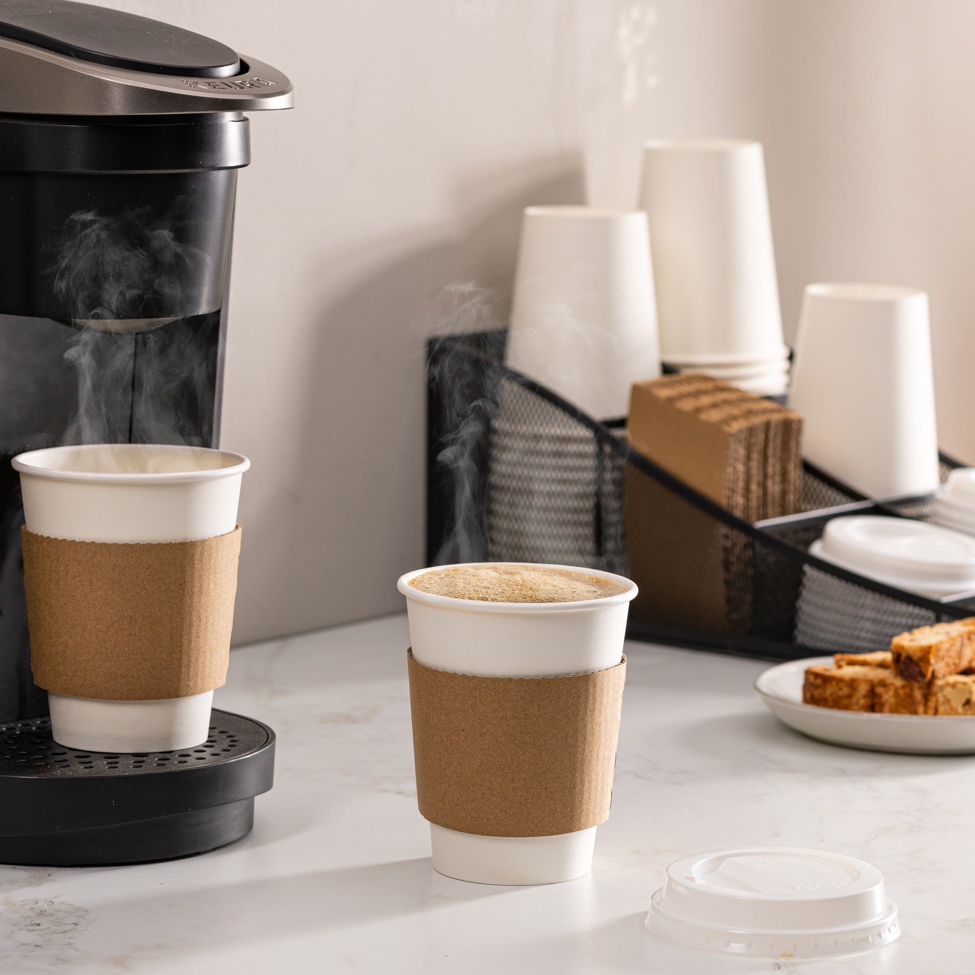 12 oz. Disposable White Coffee Cups with White Lids, Sleeves - To Go Paper Hot Cups - Comfy Package