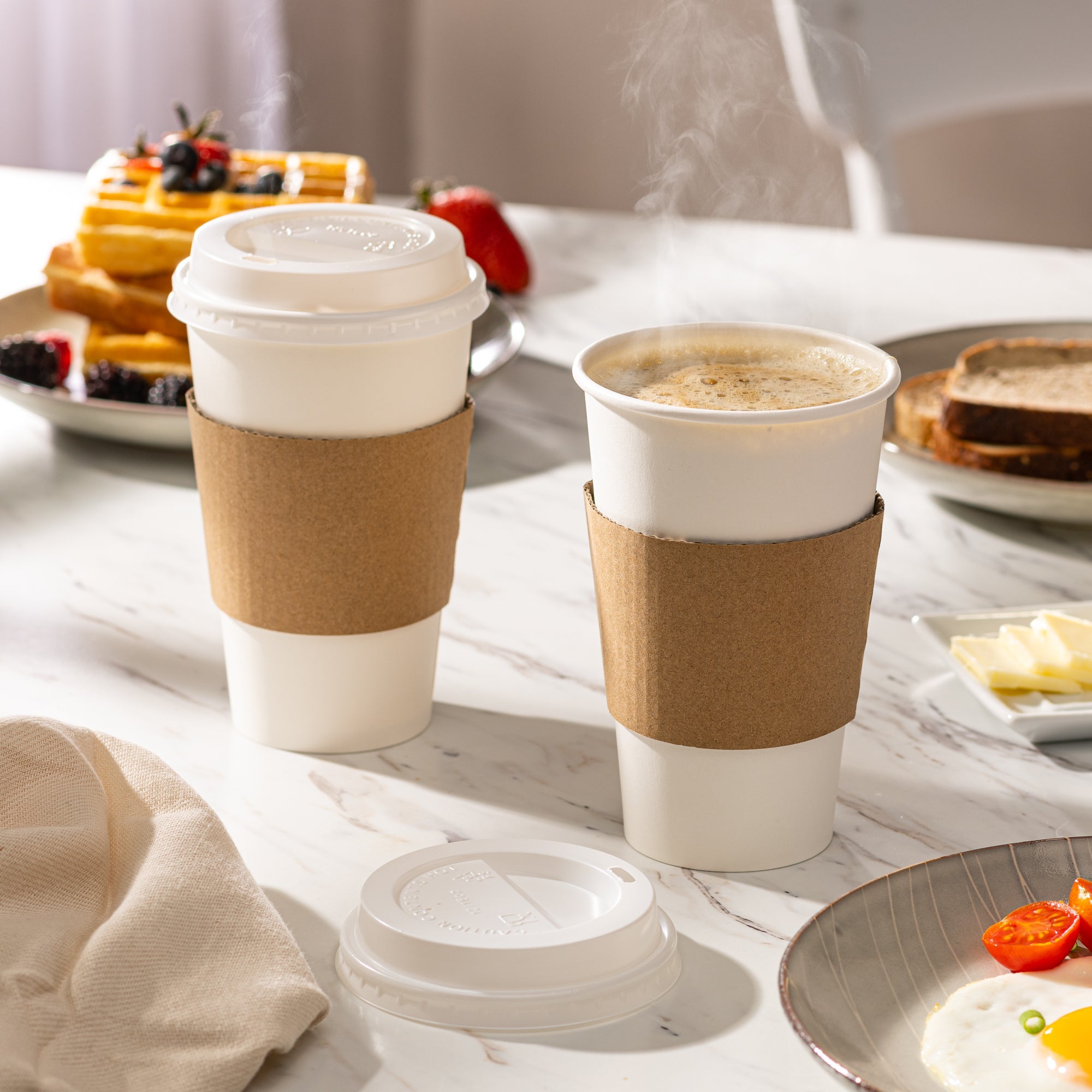 16 oz. Disposable White Coffee Cups with White Lids, Sleeves - To Go Paper Hot Cups - Comfy Package