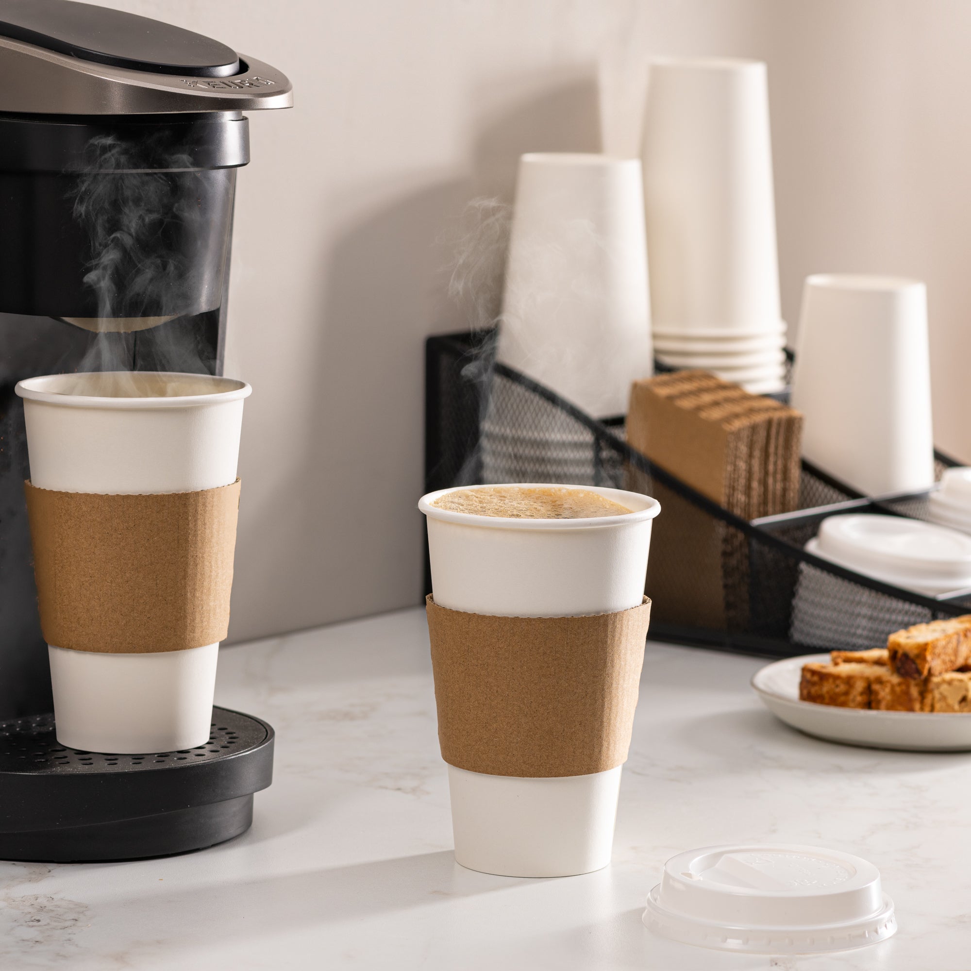 16 oz. Disposable White Coffee Cups with White Lids, Sleeves - To Go Paper Hot Cups - Comfy Package