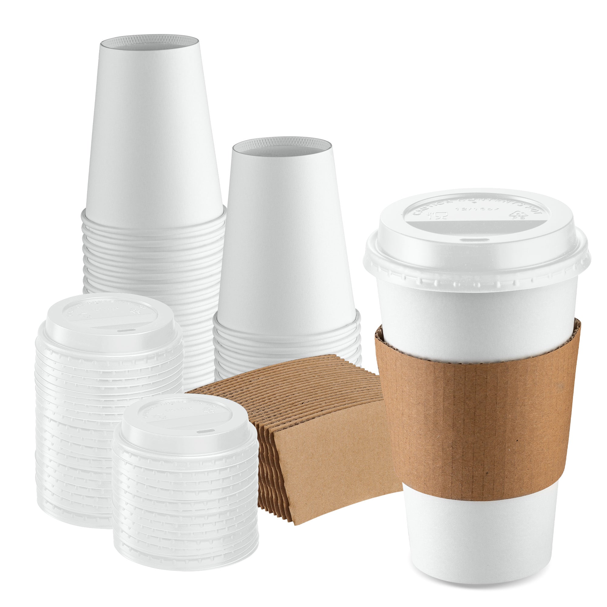 12 oz. Disposable White Coffee Cups with White Lids, Sleeves - To Go Paper Hot Cups