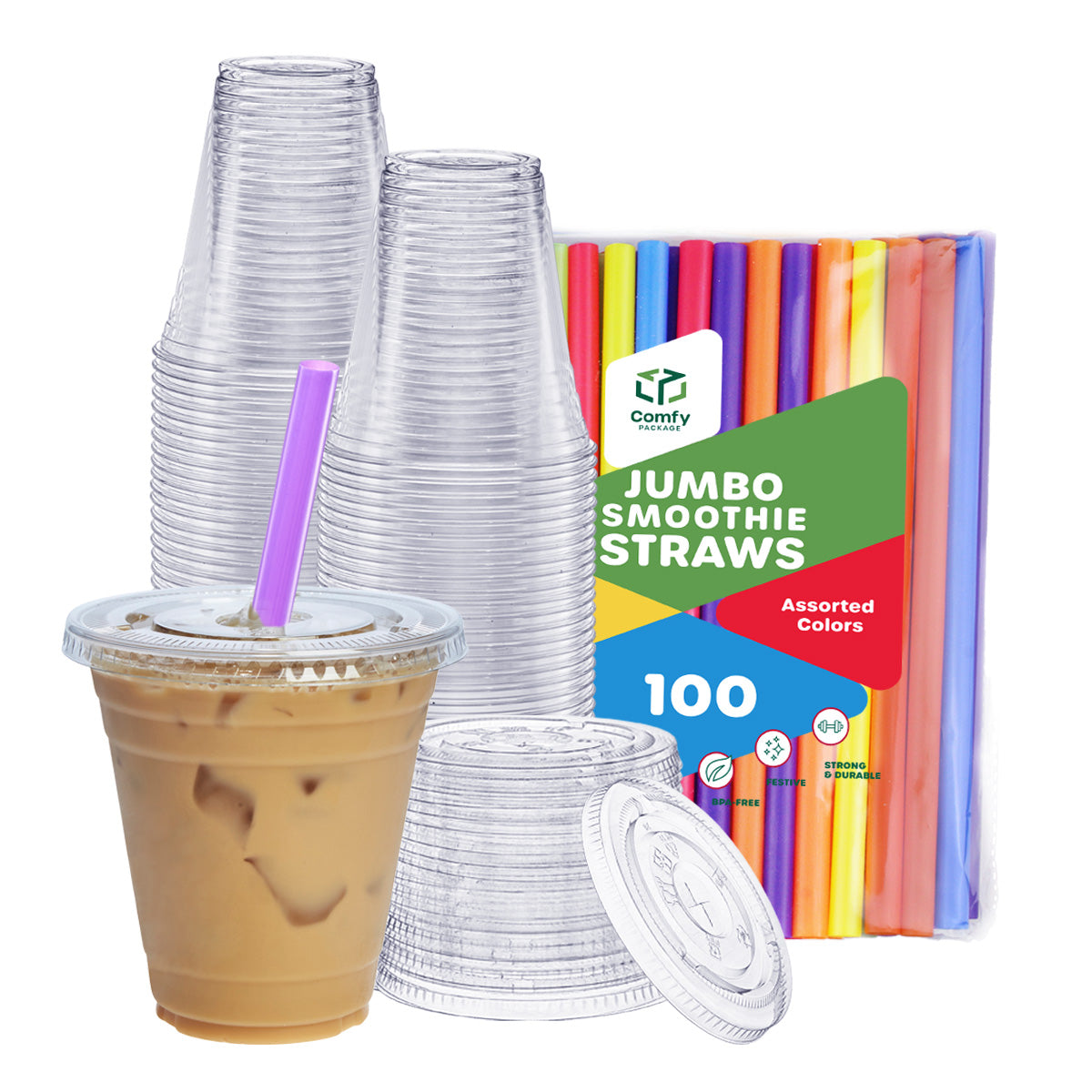 12 oz. Crystal Clear Plastic Cups With Flat Lids & Colored Straws - Disposable Clear Drinking Cups For Iced Coffee, Cold Drinks, Milkshakes, and Smoothies