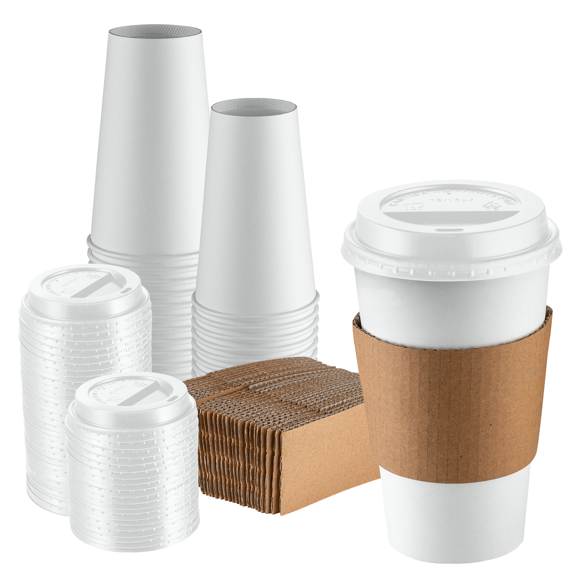 16 oz. Disposable White Coffee Cups with White Lids, Sleeves - To Go Paper Hot Cups