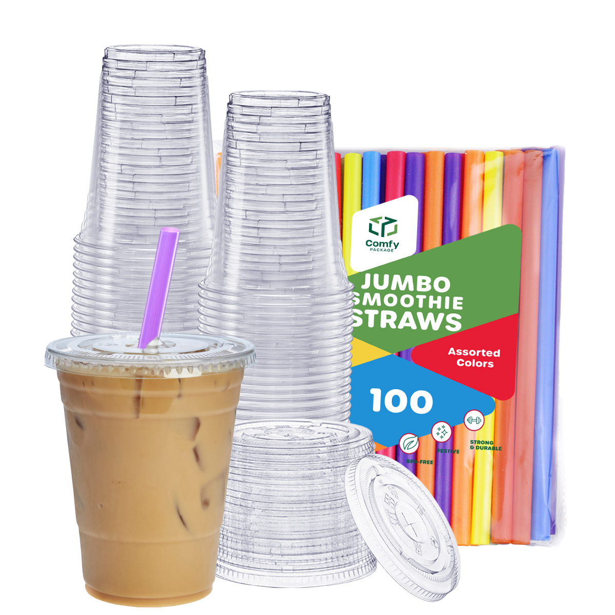 16 oz. Crystal Clear Plastic Cups With Flat Lids & Colored Straws - Disposable Clear Drinking Cups For Iced Coffee, Cold Drinks, Milkshakes, and Smoothies