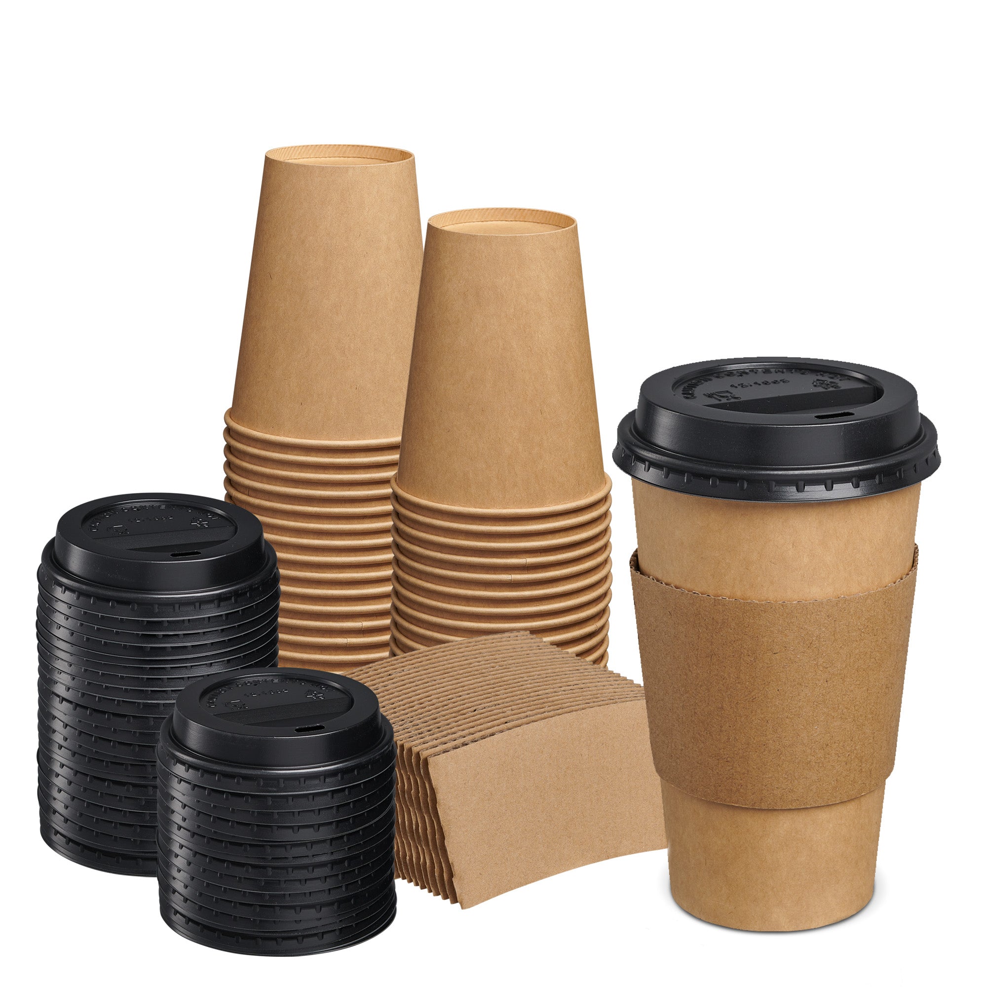 12 oz. Disposable Kraft Coffee Cups with Black Lids, Sleeves - To Go Paper Hot Cups