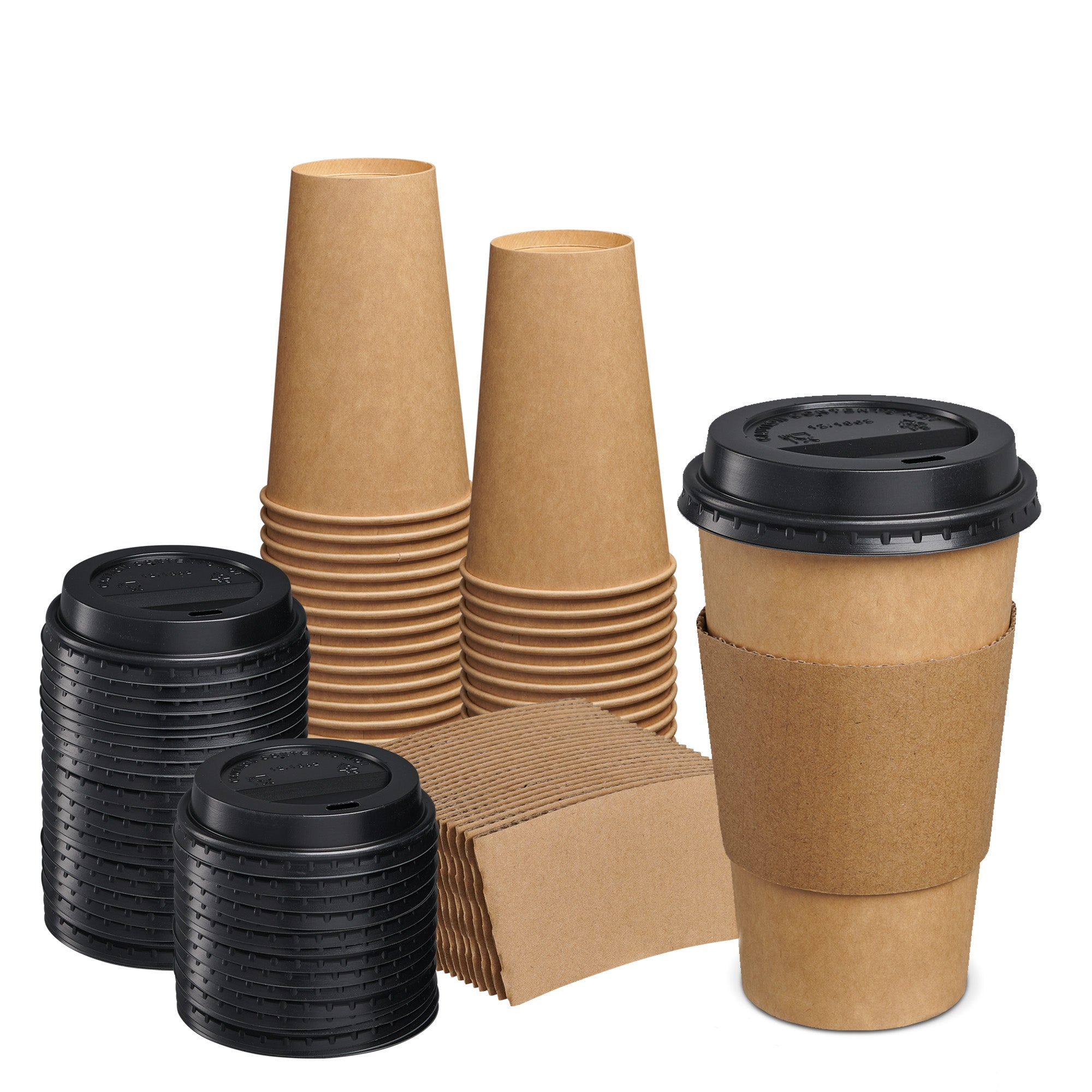 16 oz. Disposable Kraft Coffee Cups with Black Lids, Sleeves - To Go Paper Hot Cups