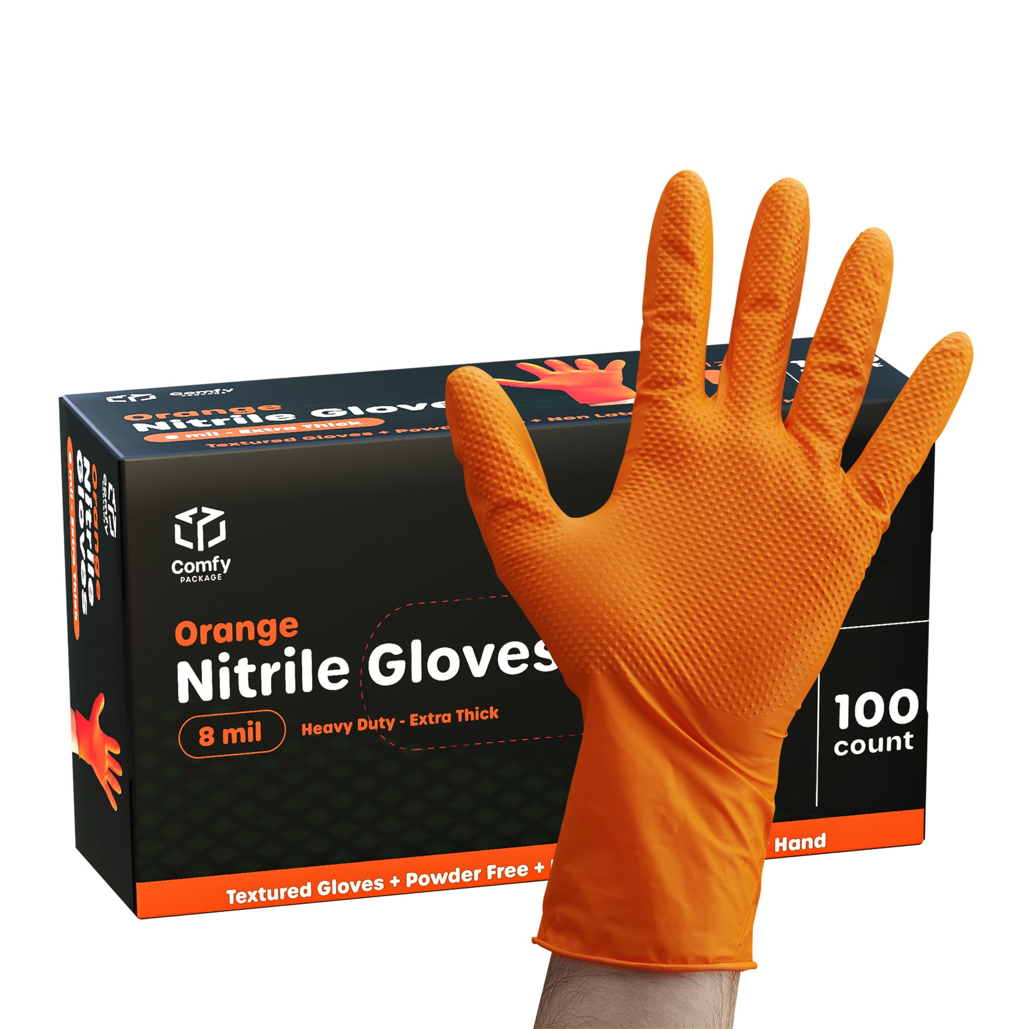 8 Mil Disposable Orange Nitrile Heavy-Duty Gloves, Industrial, Diamond Texture - Large