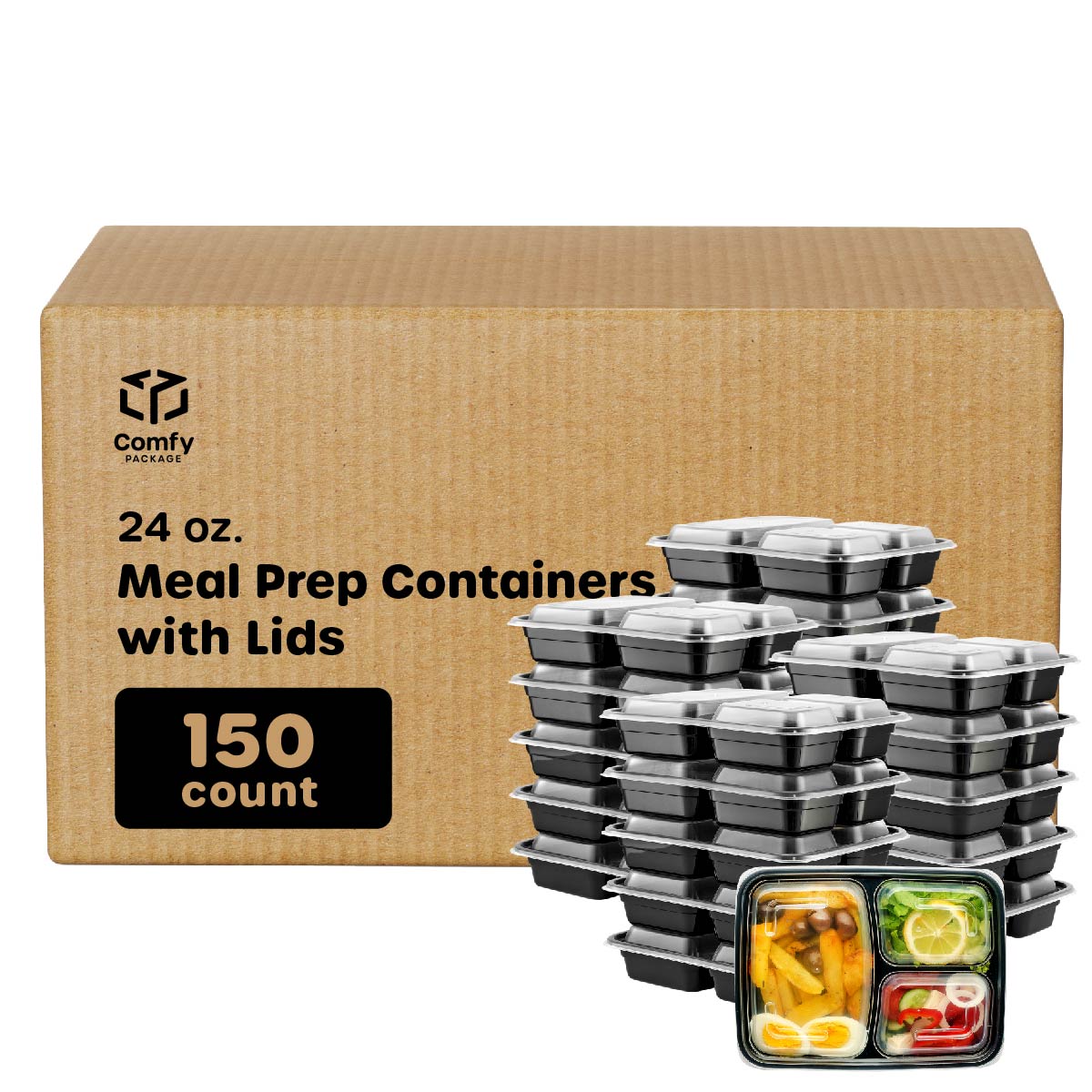 24 oz - 3 Compartment Reusable Meal Prep Containers - Microwaveable, Dishwasher and Freezer Safe, BPA-Free, Bento Boxes and Convenience Food Storage with Lids, Stackable