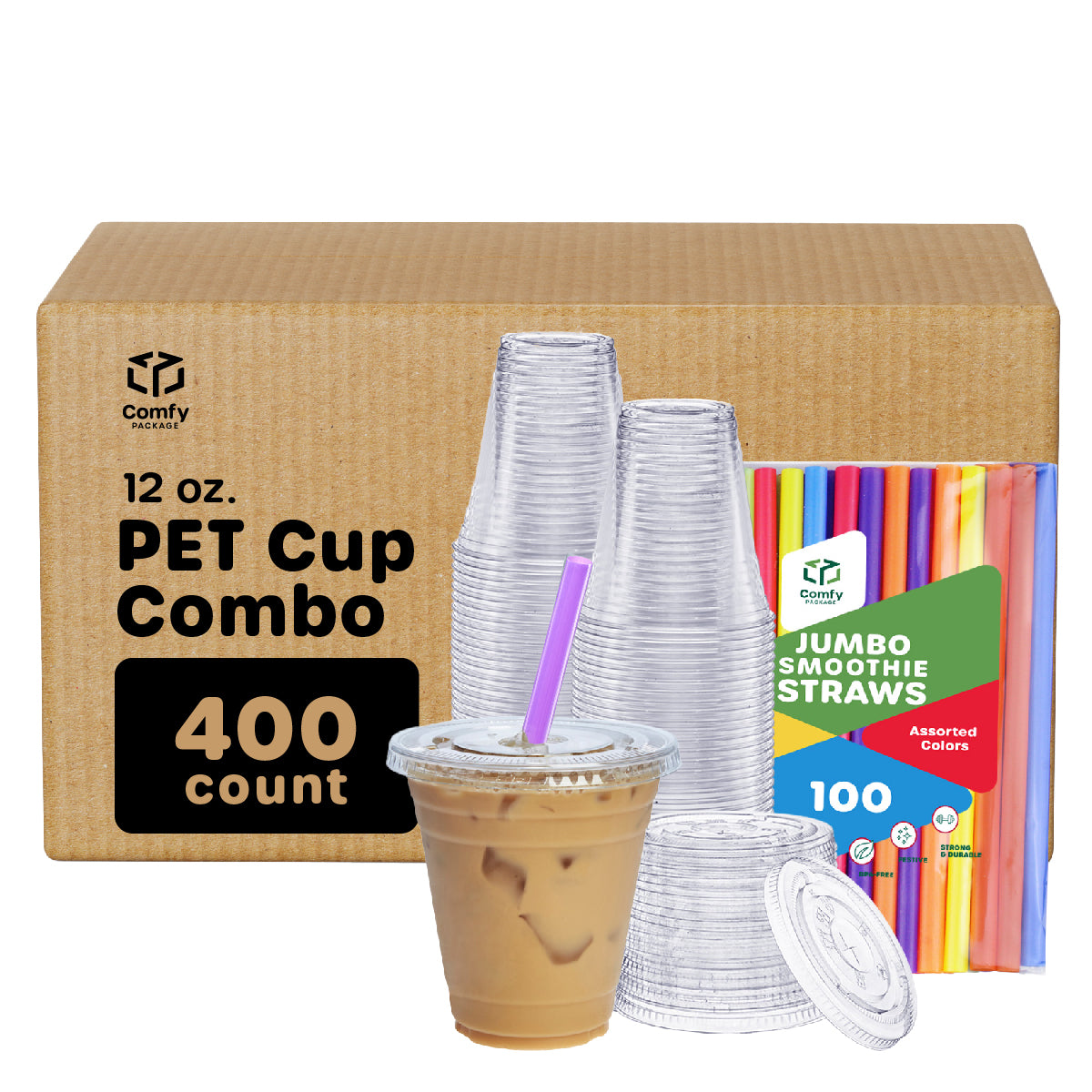 12 oz. Crystal Clear Plastic Cups With Flat Lids & Colored Straws - Disposable Clear Drinking Cups For Iced Coffee, Cold Drinks, Milkshakes, and Smoothies