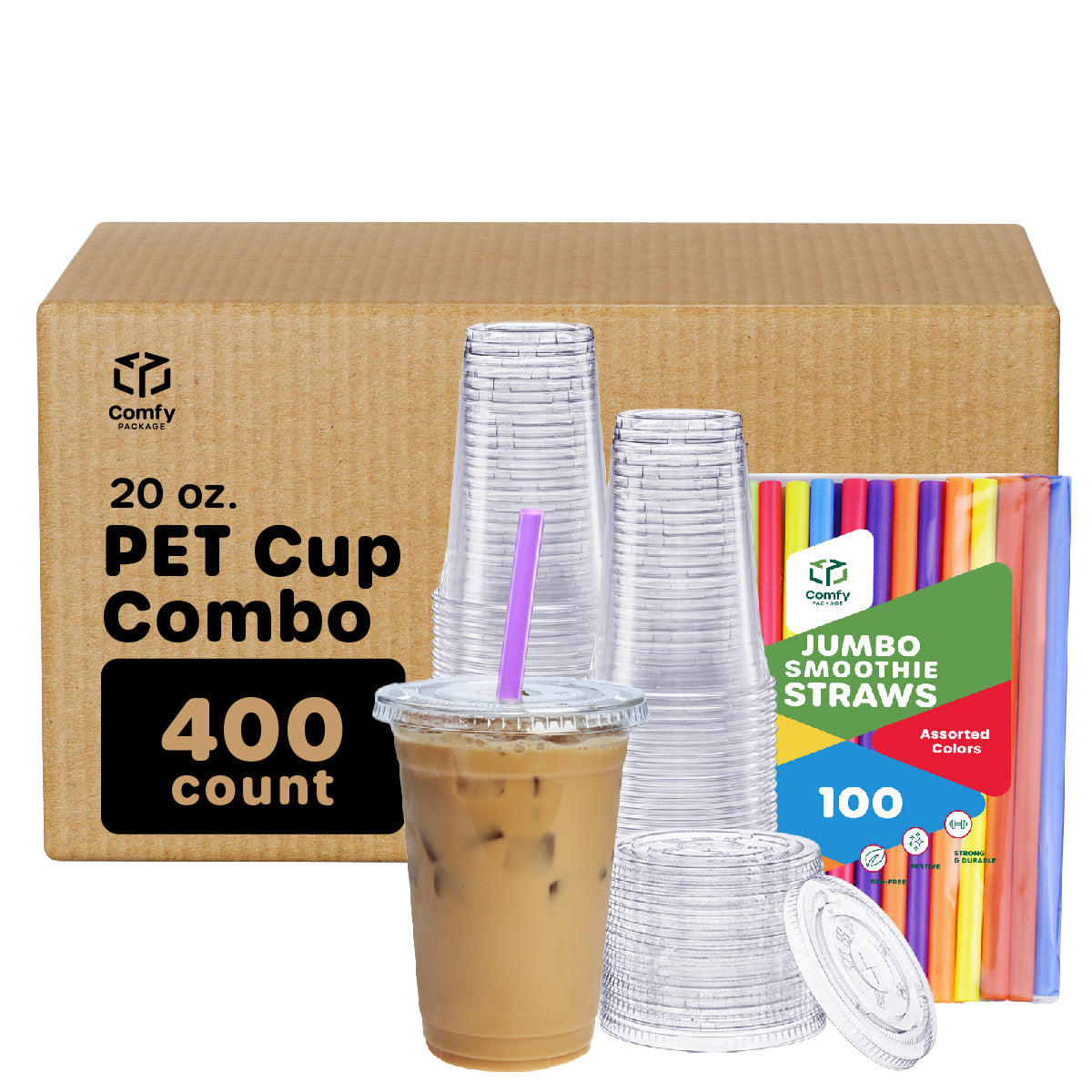 20 oz. Crystal Clear Plastic Cups With Flat Lids & Colored Straws - Disposable Clear Drinking Cups For Iced Coffee, Cold Drinks, Milkshakes, and Smoothies