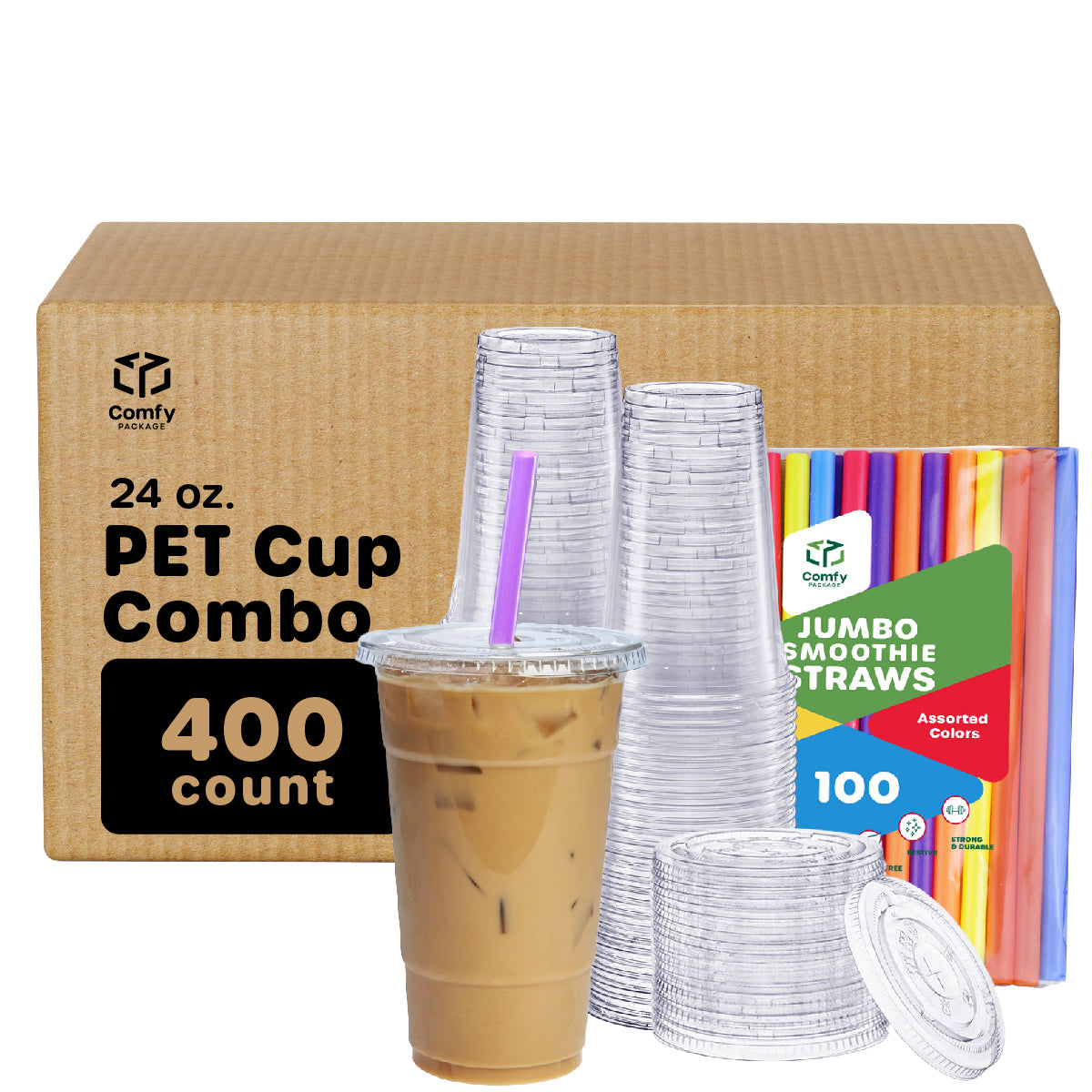 24 oz. Crystal Clear Plastic Cups With Flat Lids & Colored Straws - Disposable Clear Drinking Cups For Iced Coffee, Cold Drinks, Milkshakes, and Smoothies