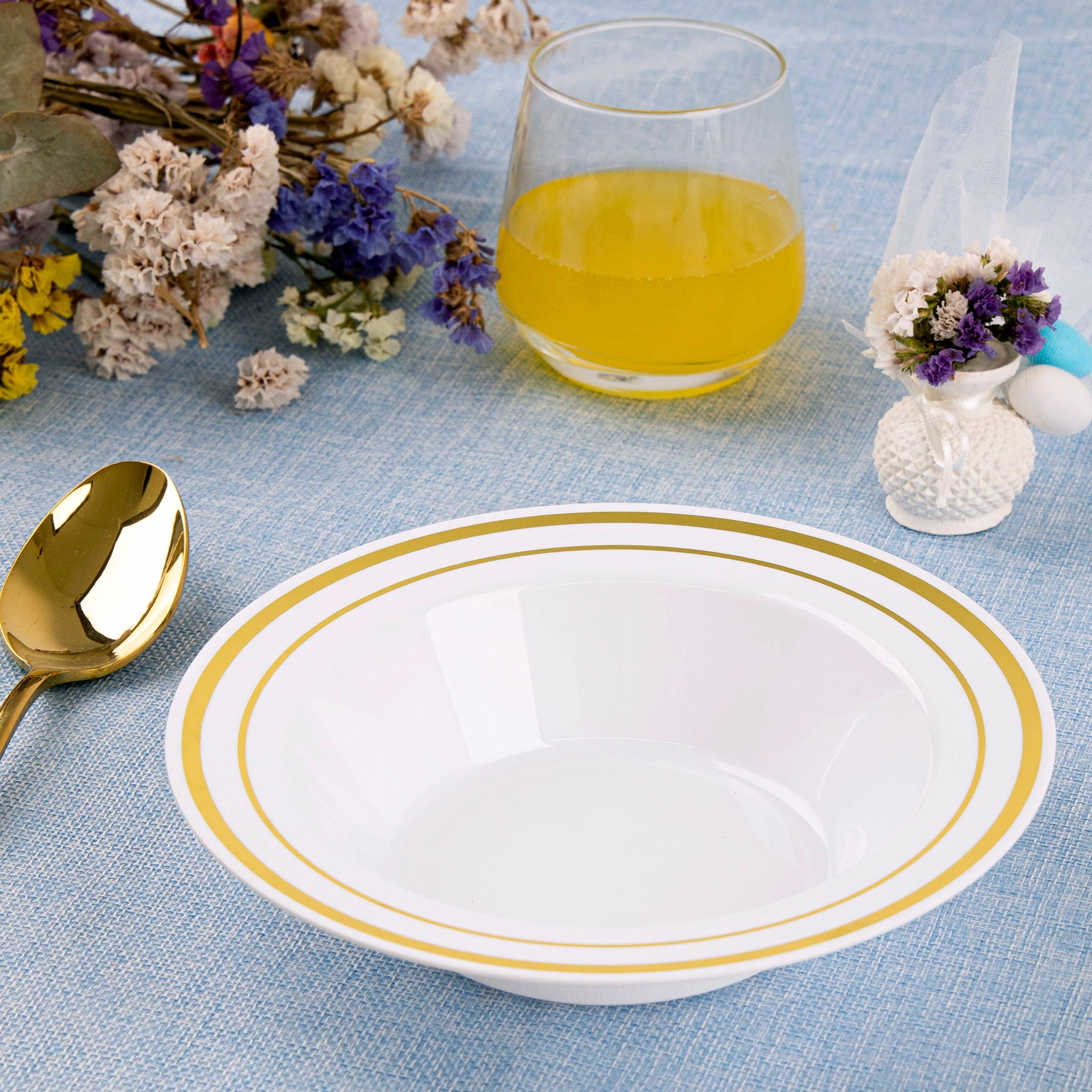 12 oz. Gold Trim Plastic Dessert Bowls - Comfy Package