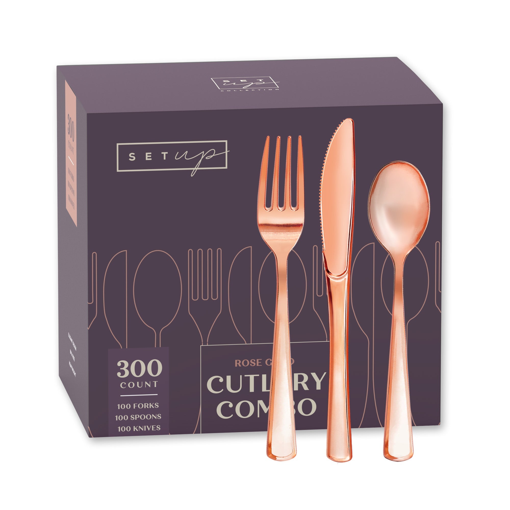 300ct Elegant Cutlery Combo Forks Spoons Knives - Rose Gold - Comfy Package