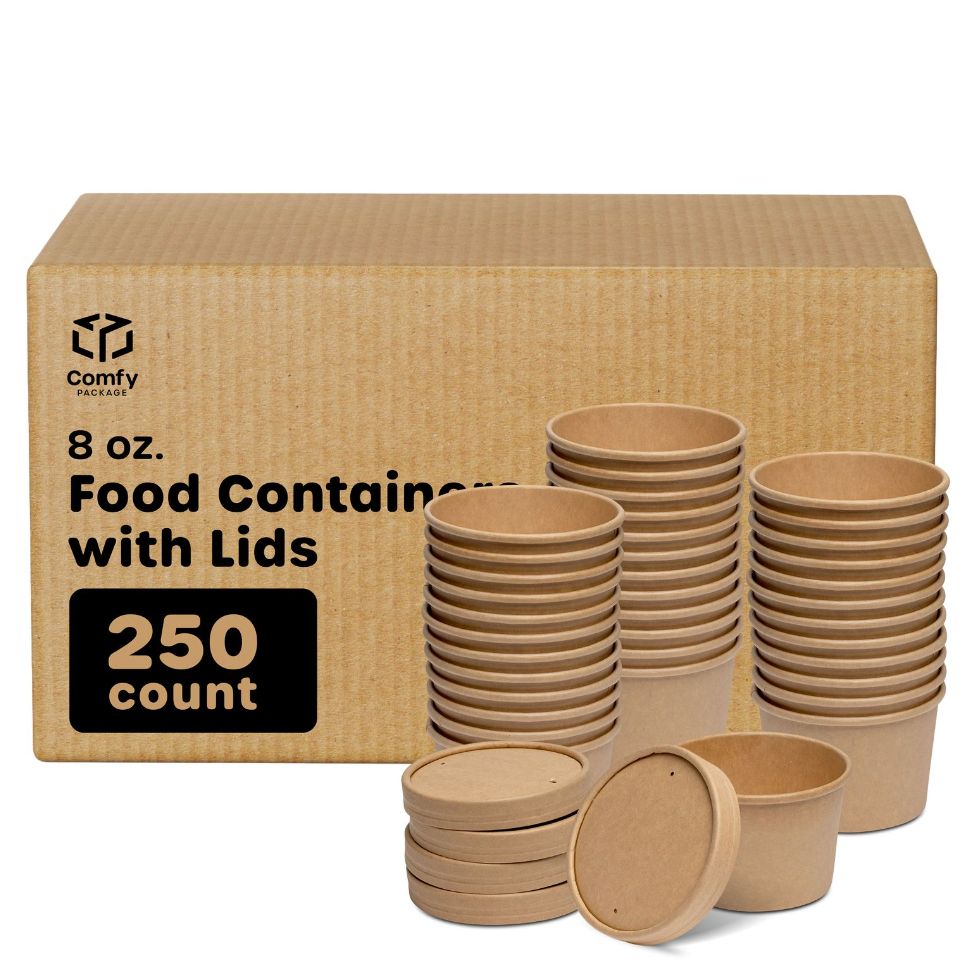 [Case of 250] 8 oz. Paper Food Containers With Vented Lids, To Go Hot Soup Bowls, Disposable Ice Cream Cups, Kraft