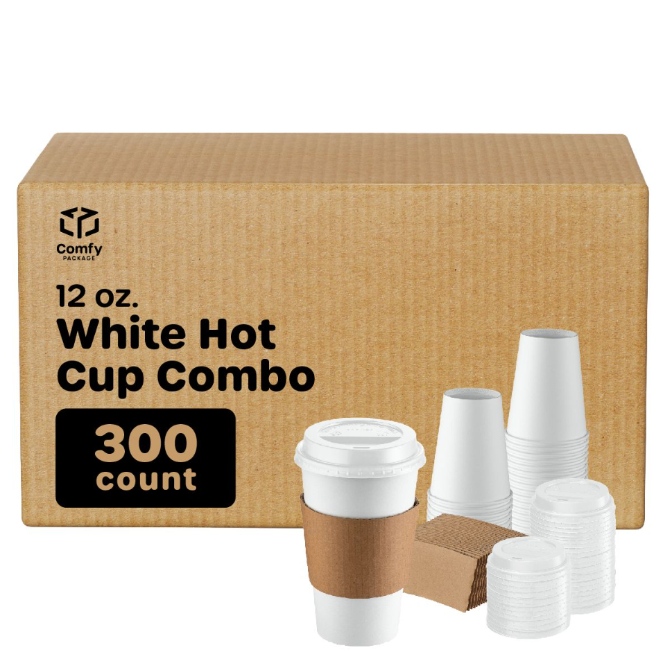 [Case of 300] 12 oz. Disposable White Coffee Cups with White Lids, Sleeves - To Go Paper Hot Cups