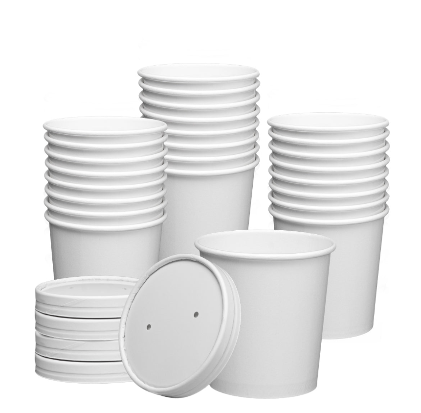 16 oz. - 250ct Paper Food Containers with Vented Lids - To Go Hot Soup Bowls - White - Comfy Package