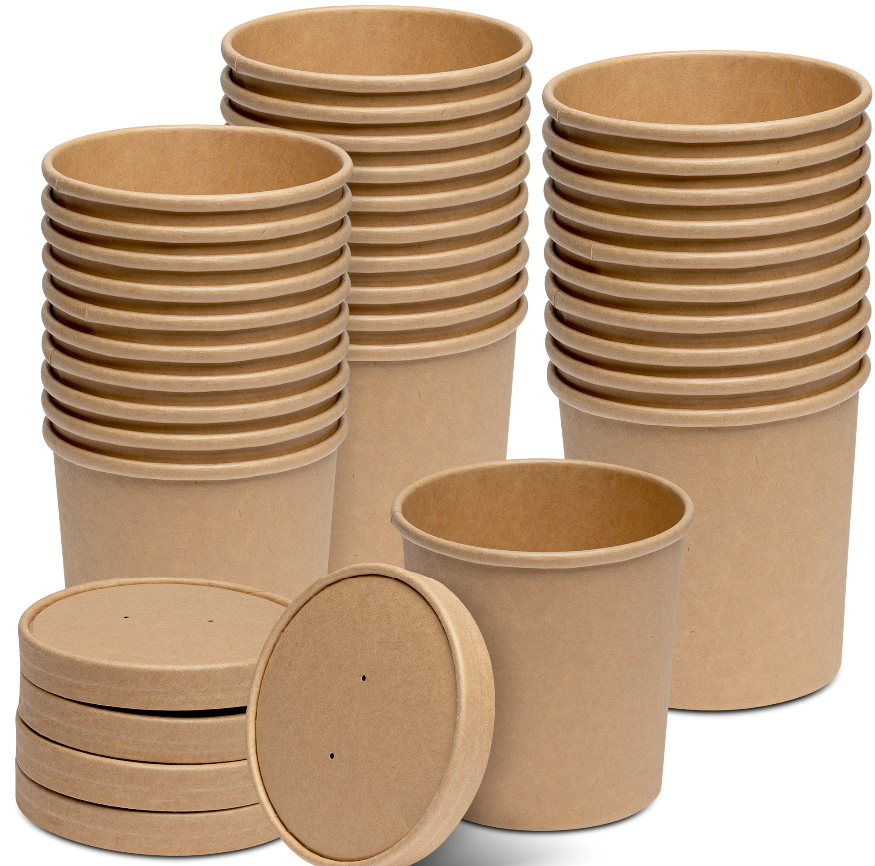 16 oz. - 250ct Paper Food Containers with Vented Lids - To Go Hot Soup Bowls - Kraft - Comfy Package
