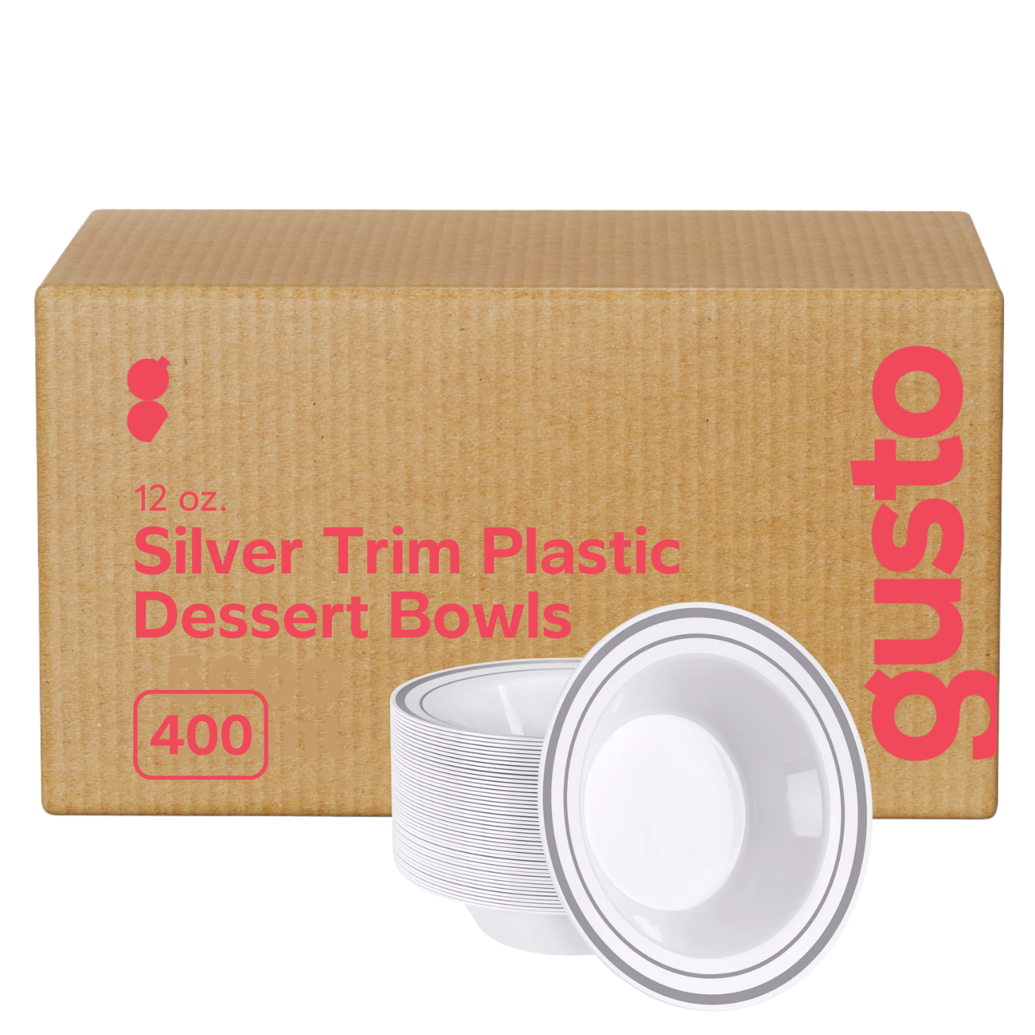 [Case of 400] 12 oz. Silver Trim Plastic Dessert Bowls - Premium Heavy-Duty Disposable Soup and Cereal Bowls