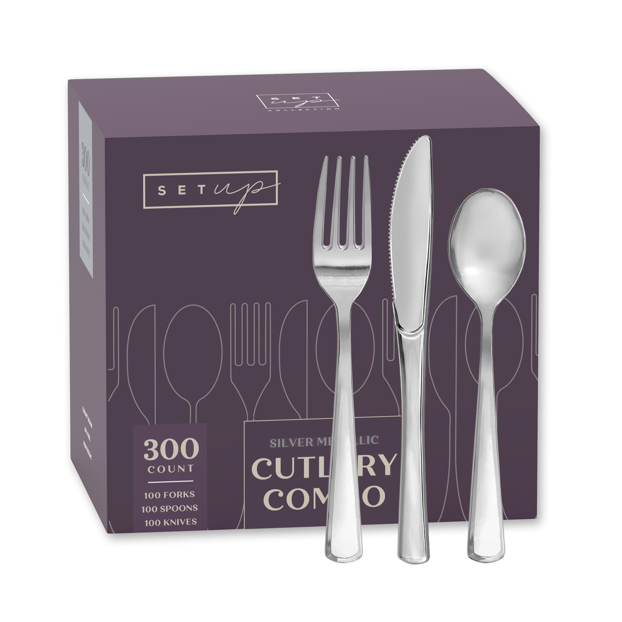 Disposable Silver Combo Cutlery -  Forks,  Spoons,  Knives Combo - Heavy Duty, and Durable Plastic Silverware Great for Parties, Weddings, Events, and Everyday use