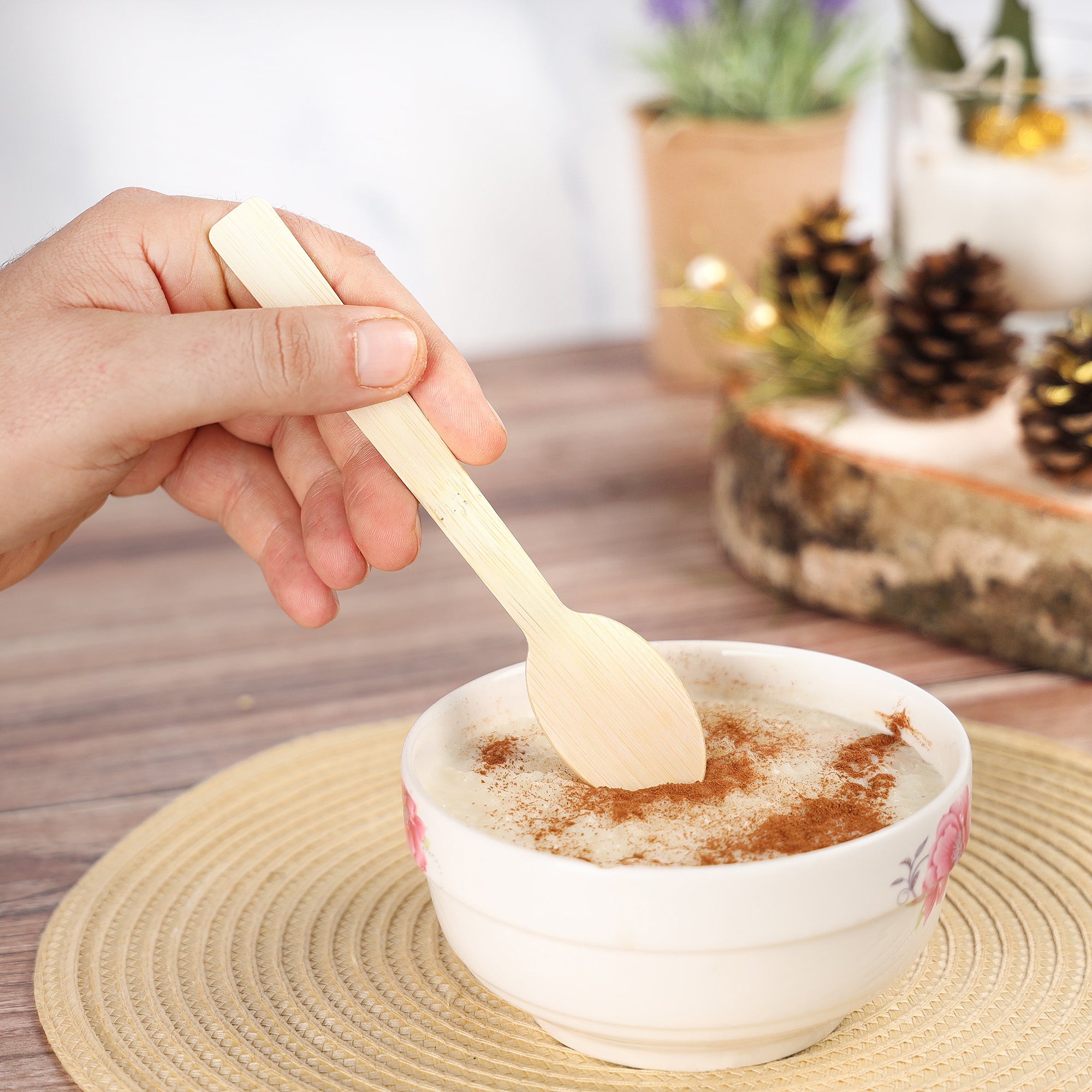 [100 Count] Natural Bamboo Disposable Spoons - Biodegradable and Eco-Friendly Utensils for Outdoors, Parties, and Events