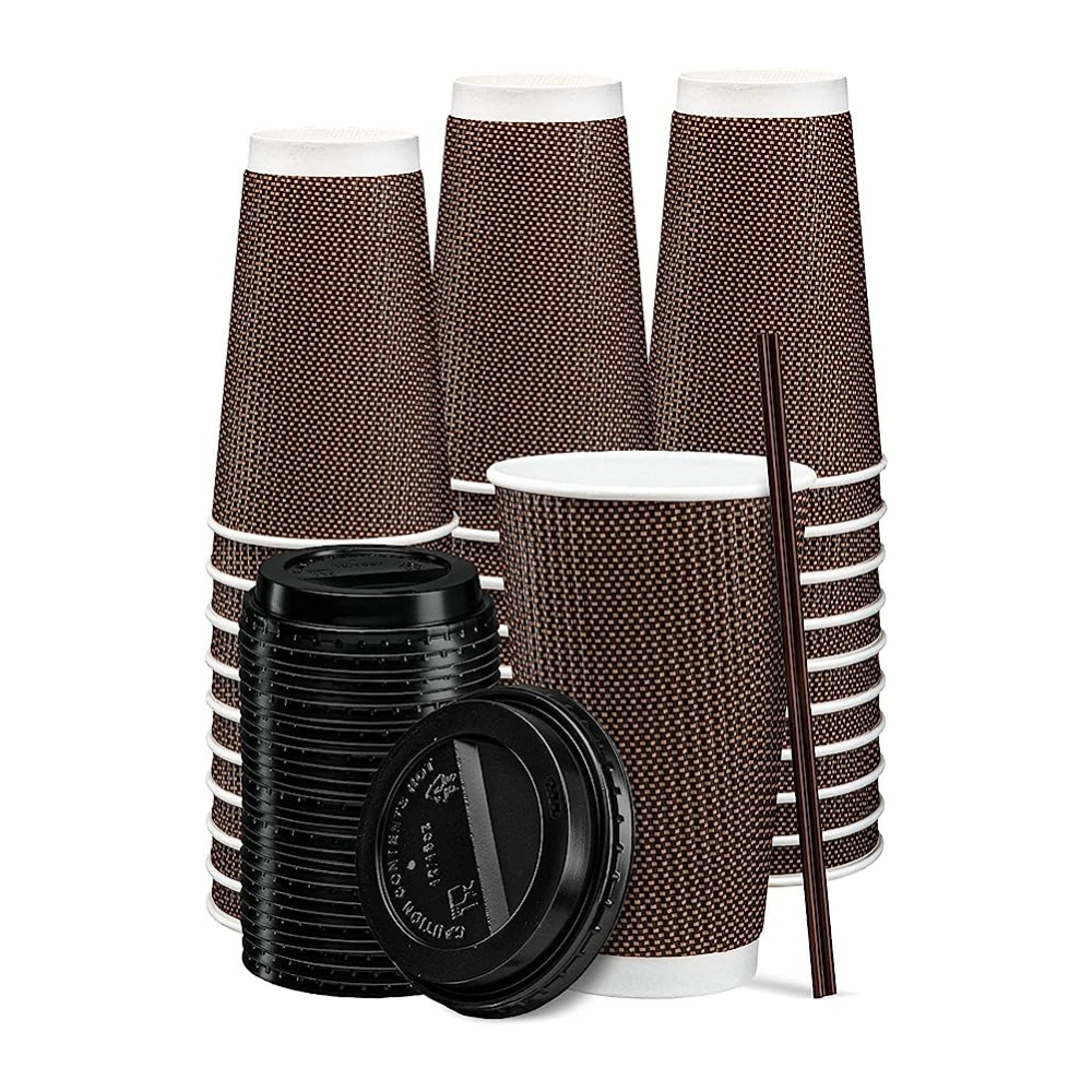 [16 oz.] Insulated Brown Patterned Ripple Paper Hot Coffee Cups With Lids