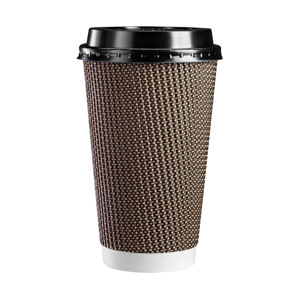 16 oz. Insulated Brown Patterned Ripple Paper Hot Coffee Cups with Lids - Comfy Package
